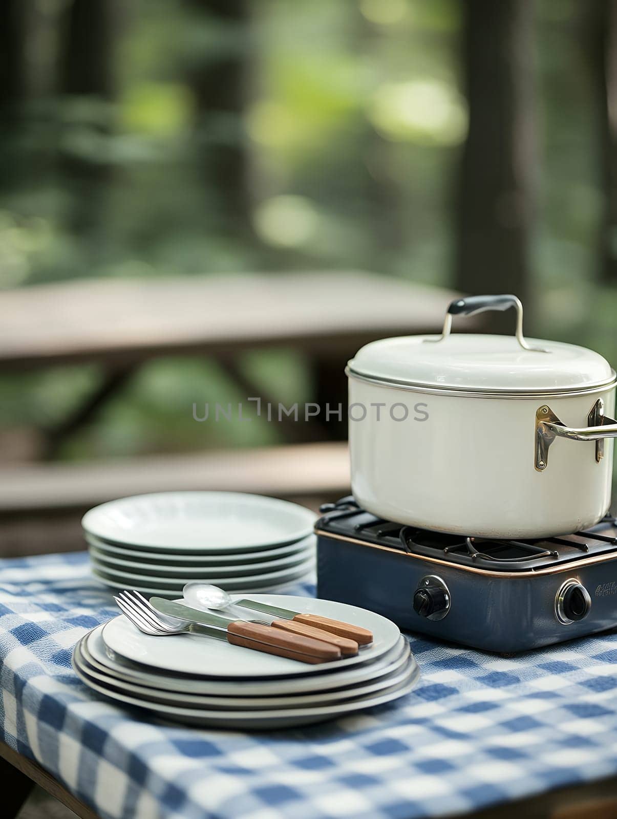 An outdoor cooking setup with a pot on a portable stove, surrounded by plates and utensils, perfect for a picnic.