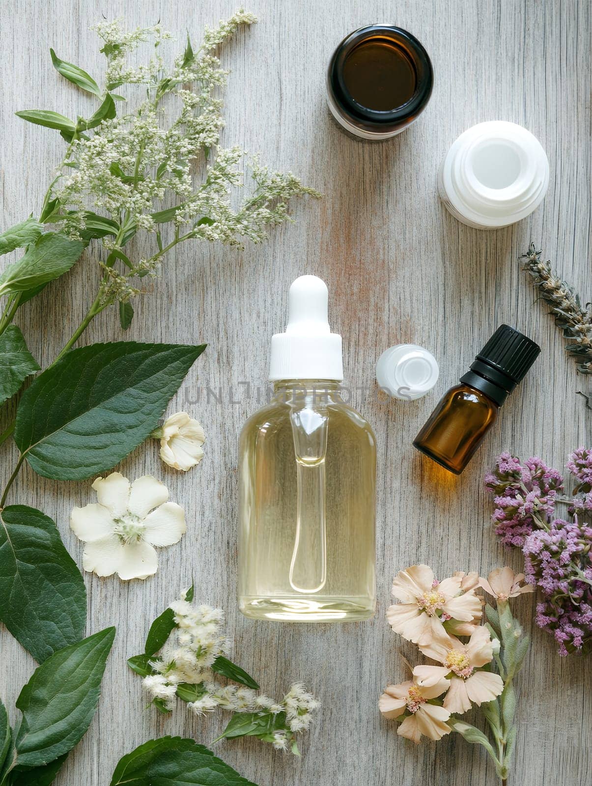 A collection of essential oils and fresh botanicals on a wooden surface, highlighting natural wellness and aromatherapy.