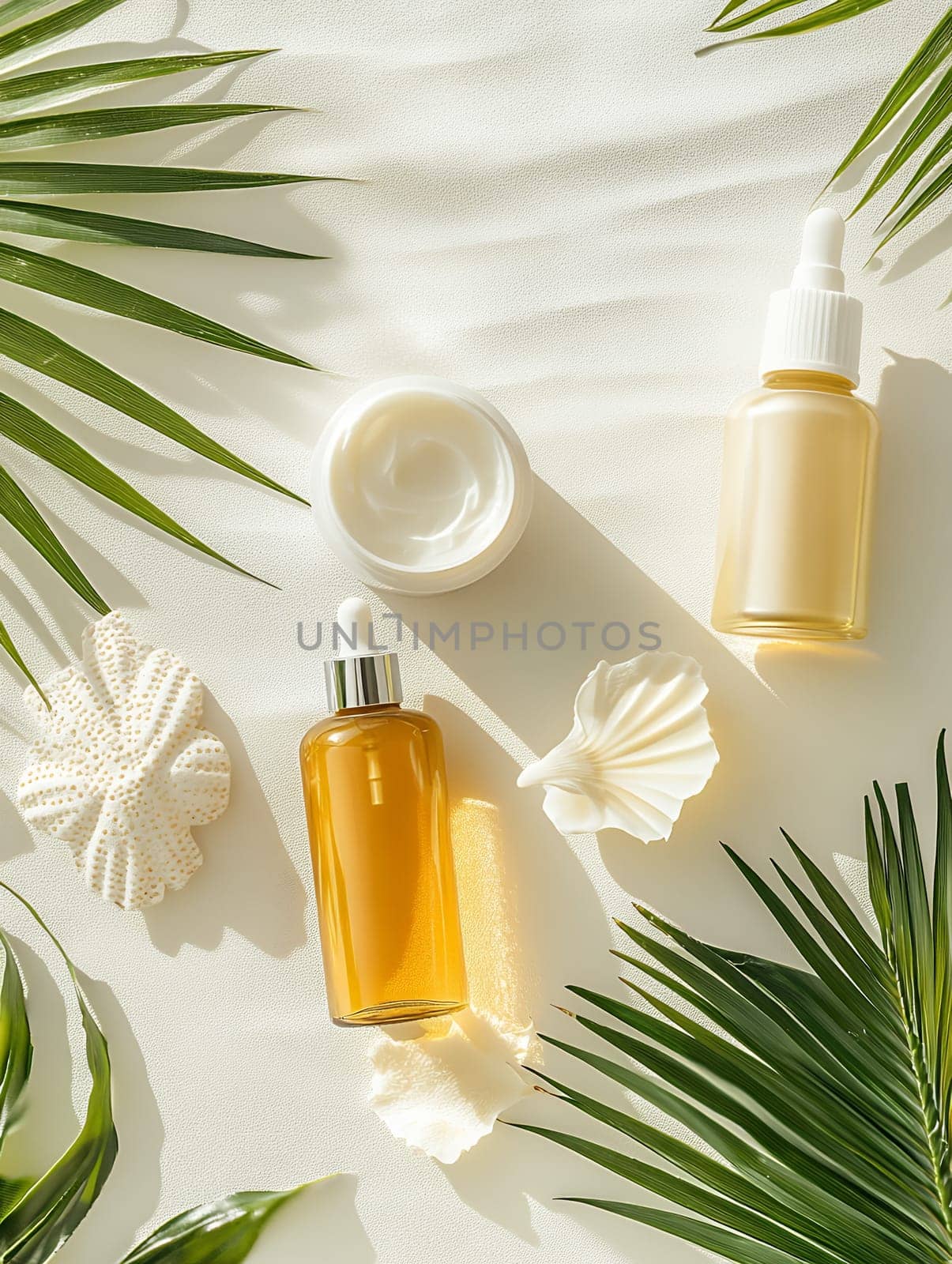 Skincare products with a tropical theme, featuring palm leaves and seashells, perfect for relaxation and beauty.