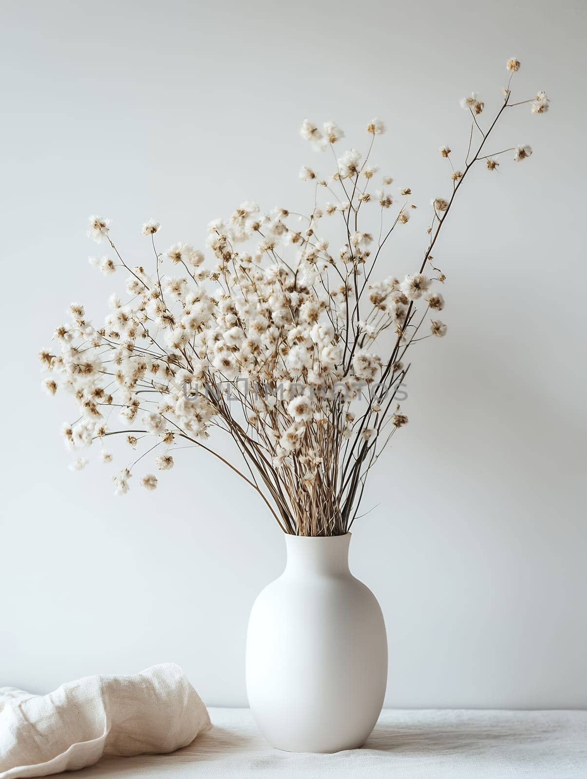 Elegant white vase filled with dried flowers against a neutral background, embodying minimalism.