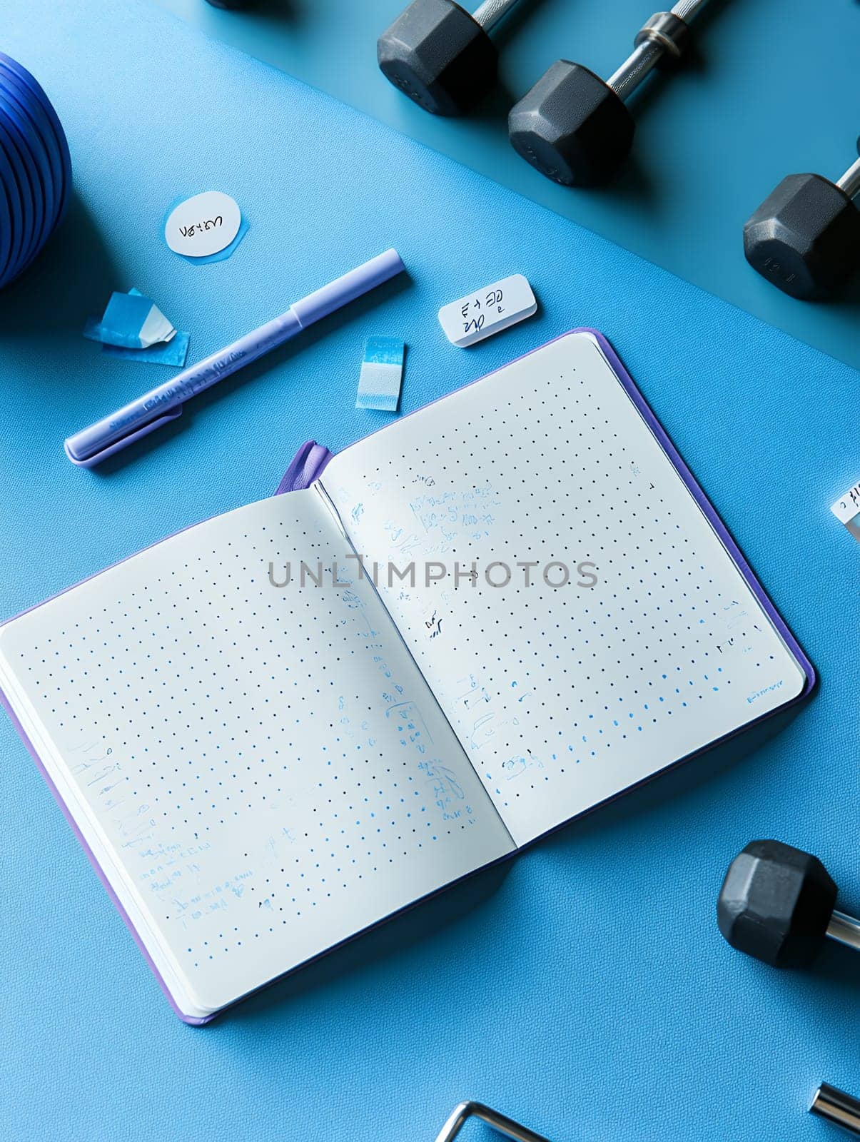A fitness journal surrounded by exercise equipment on a blue background, ideal for workout planning.