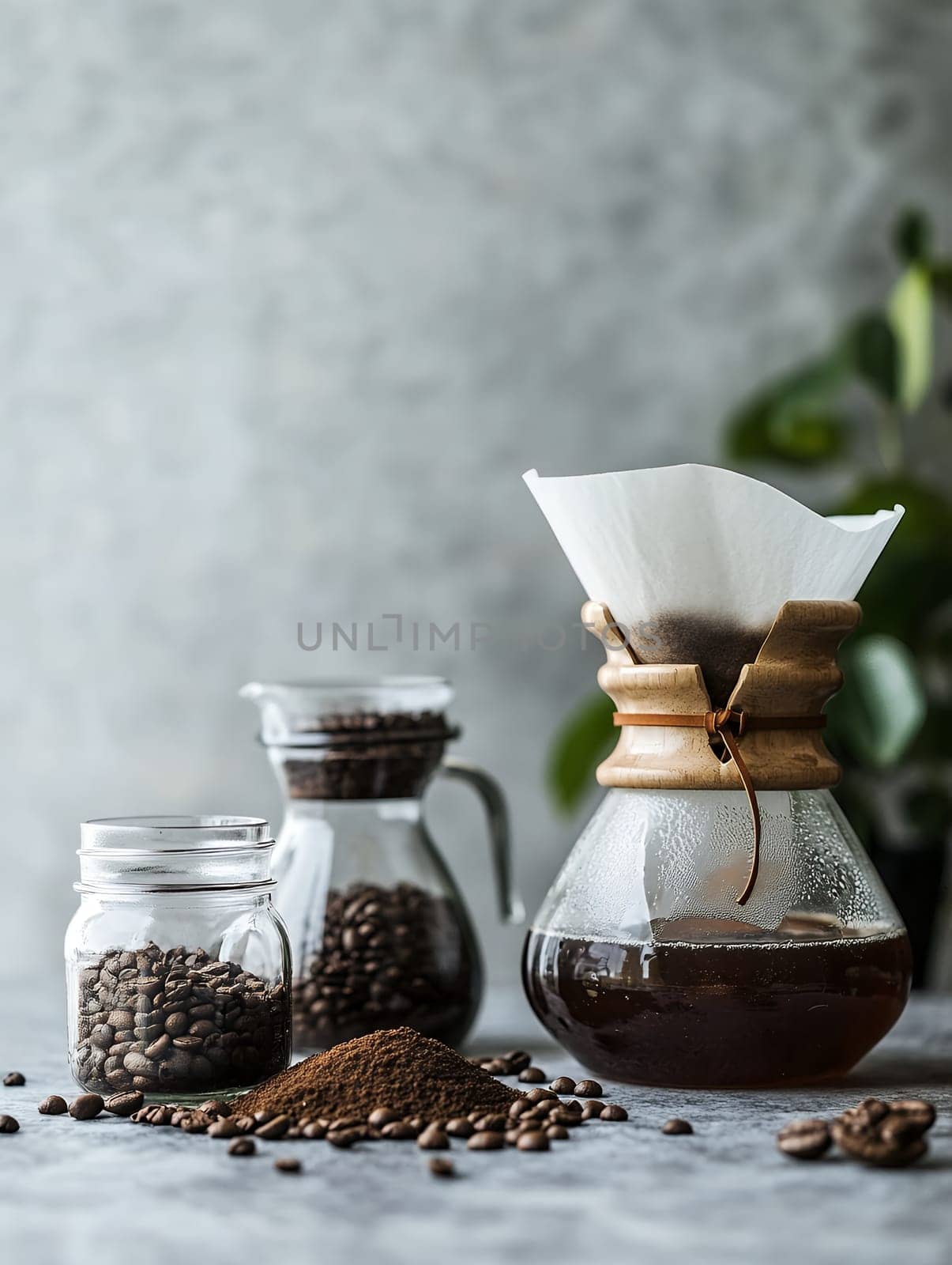 Freshly brewed coffee with glass brewer, beans, and grounds on a modern kitchen counter.