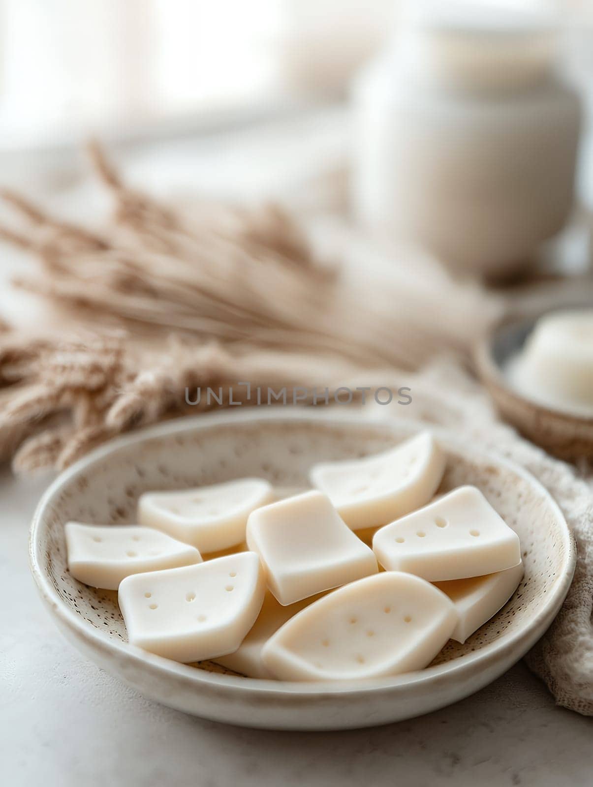 Soft, creamy wax melts arranged on a ceramic plate for a soothing aromatic experience.