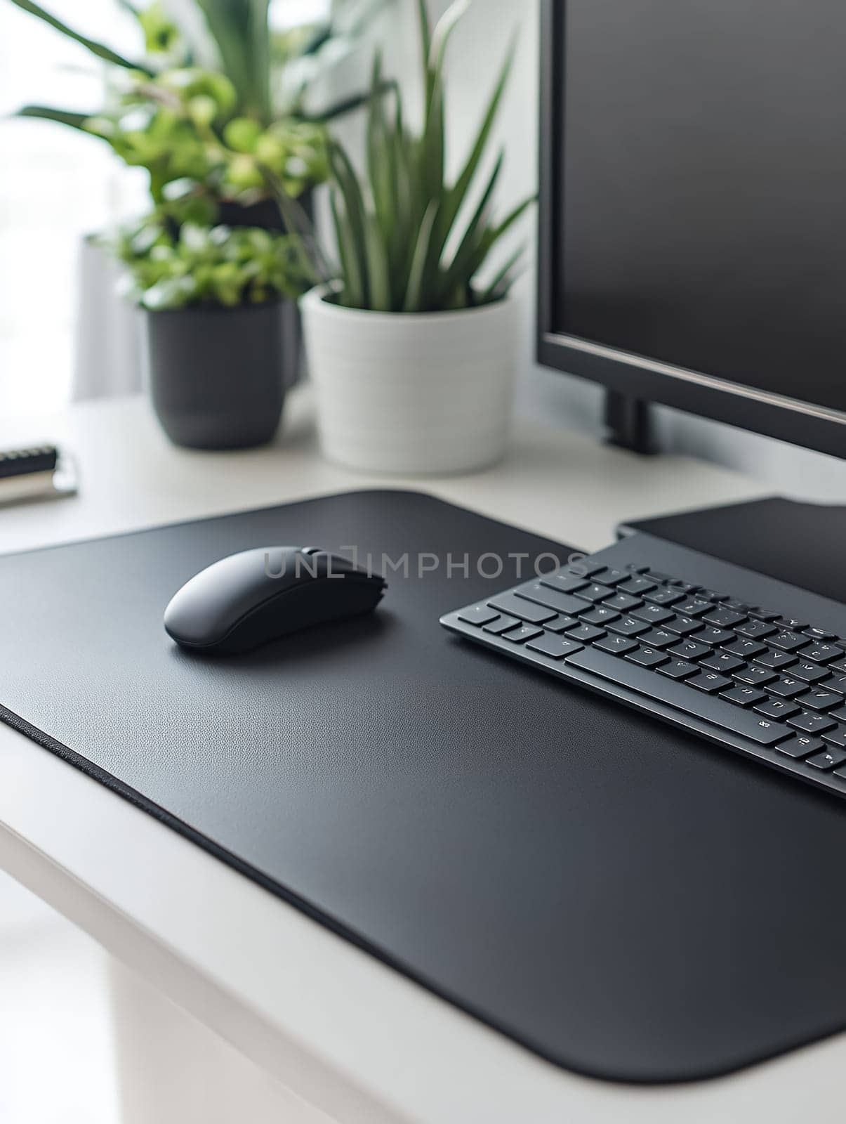 A sleek computer setup with a keyboard and mouse, surrounded by vibrant green plants.