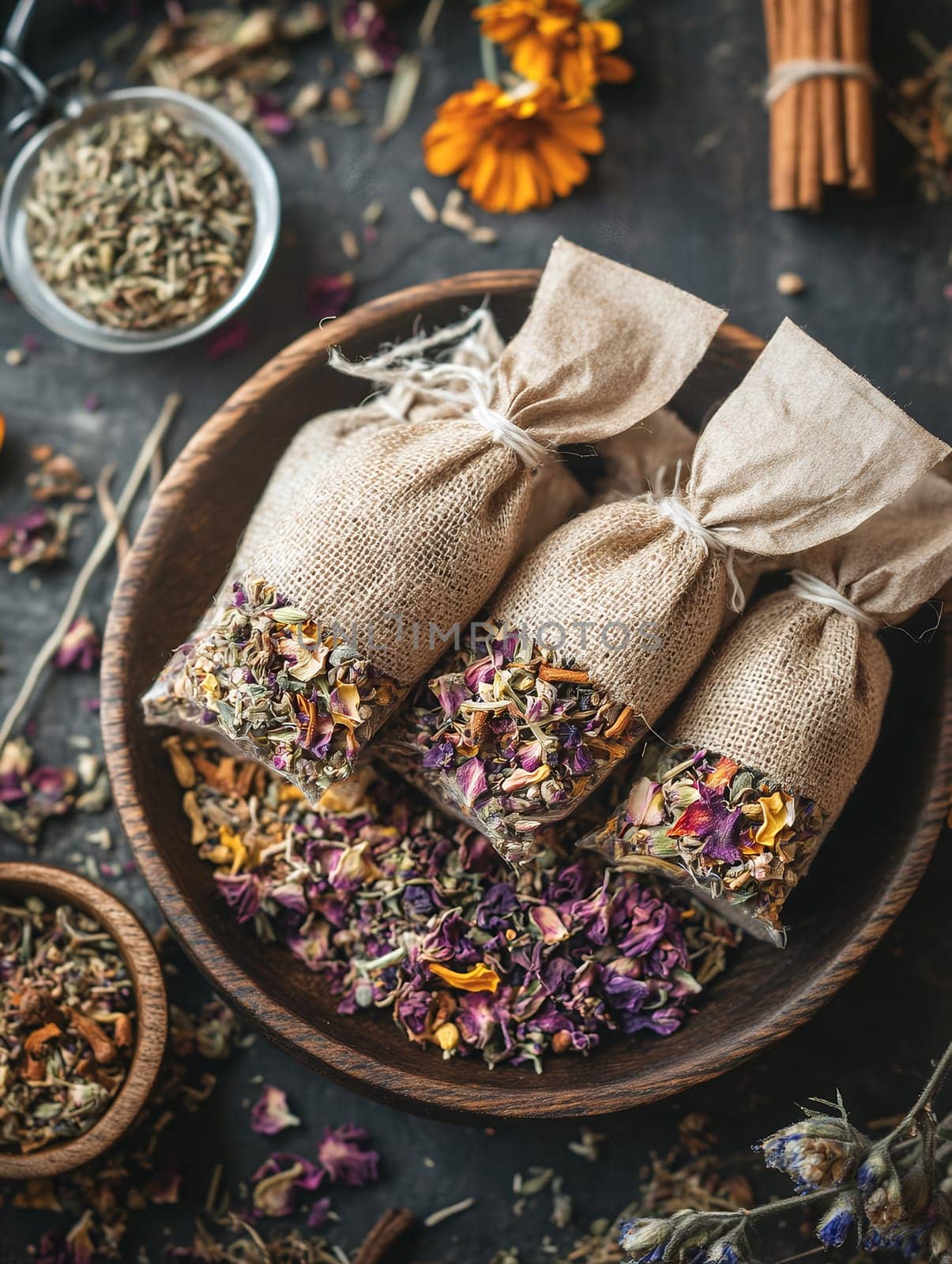 Burlap sachets filled with dried herbs and flowers, perfect for adding natural fragrance to any space.
