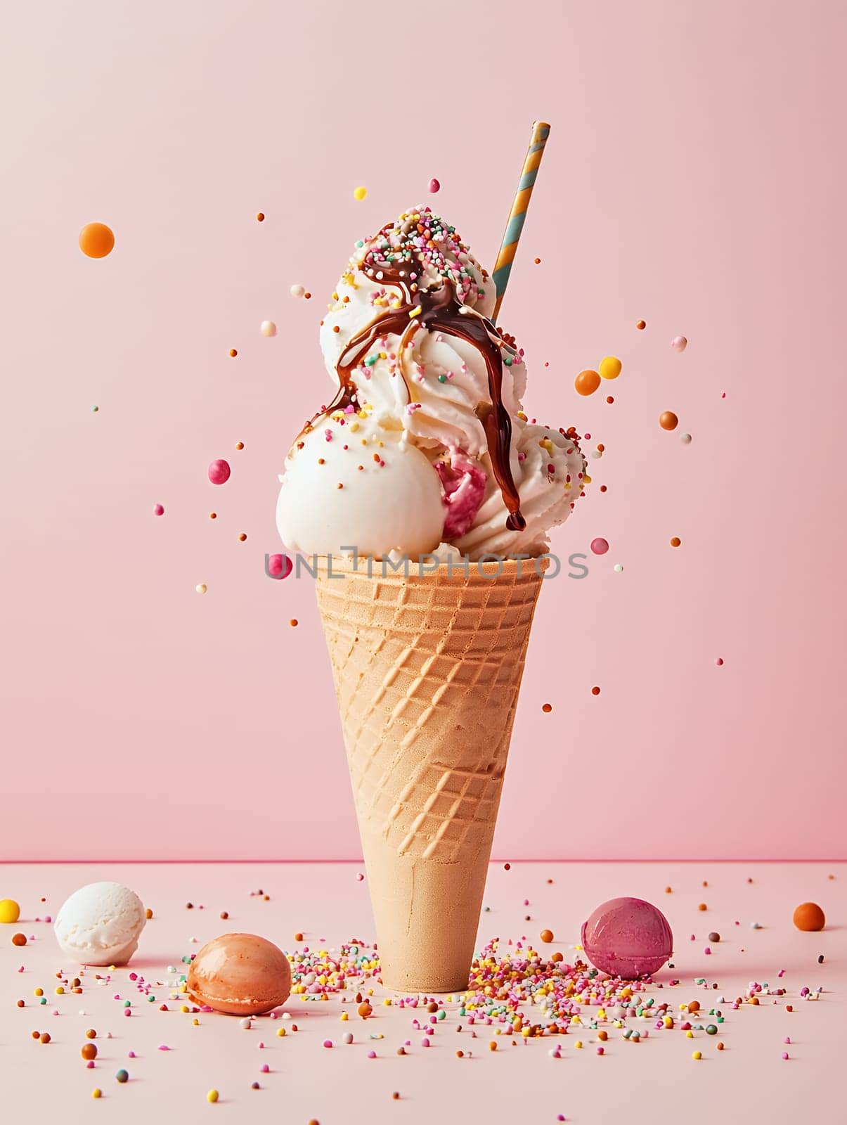 A vibrant ice cream cone topped with sprinkles and syrup, set against a playful pink background.