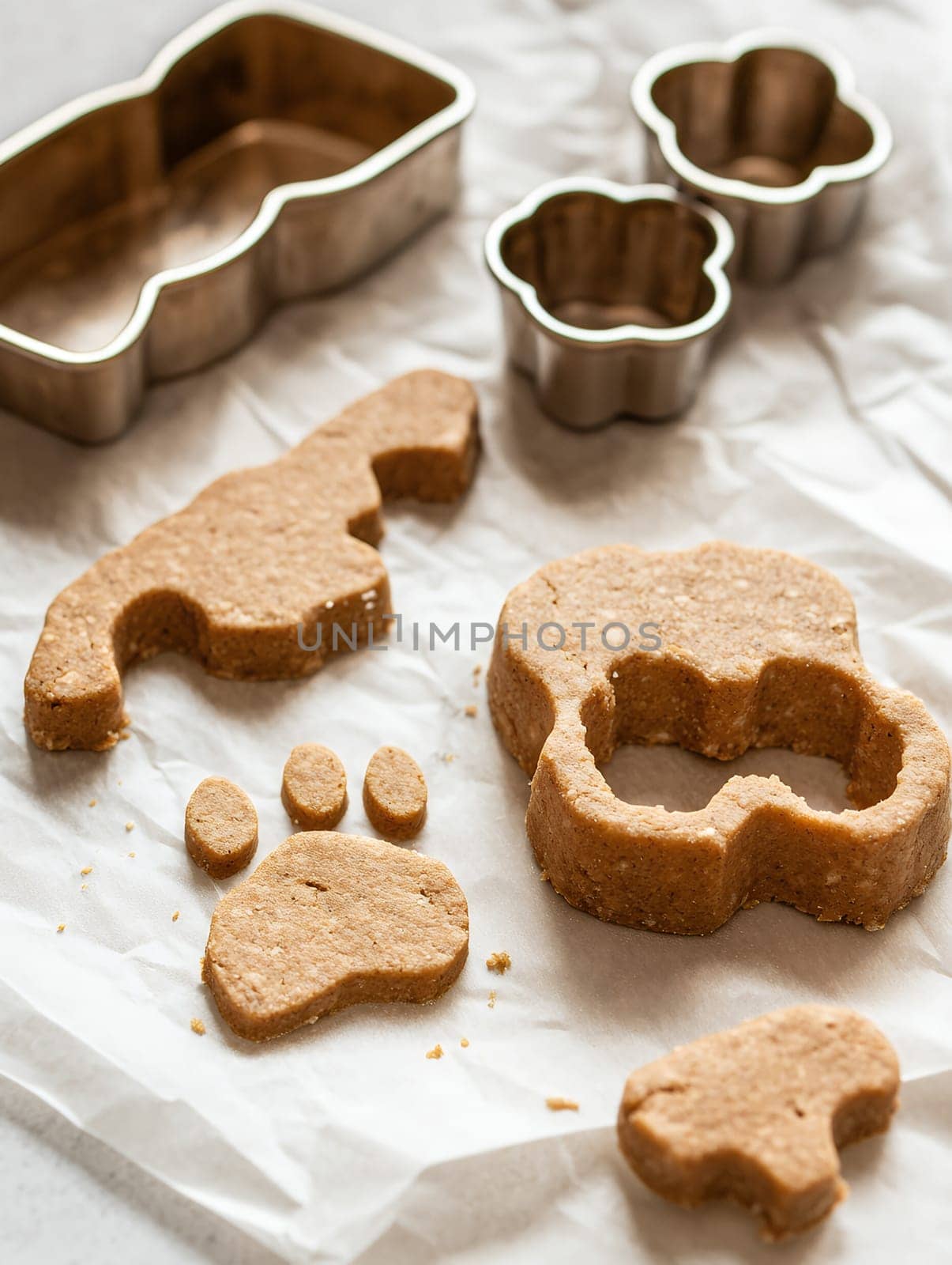 Freshly made pet treats shaped with animal-themed cutters, perfect for a homemade touch.