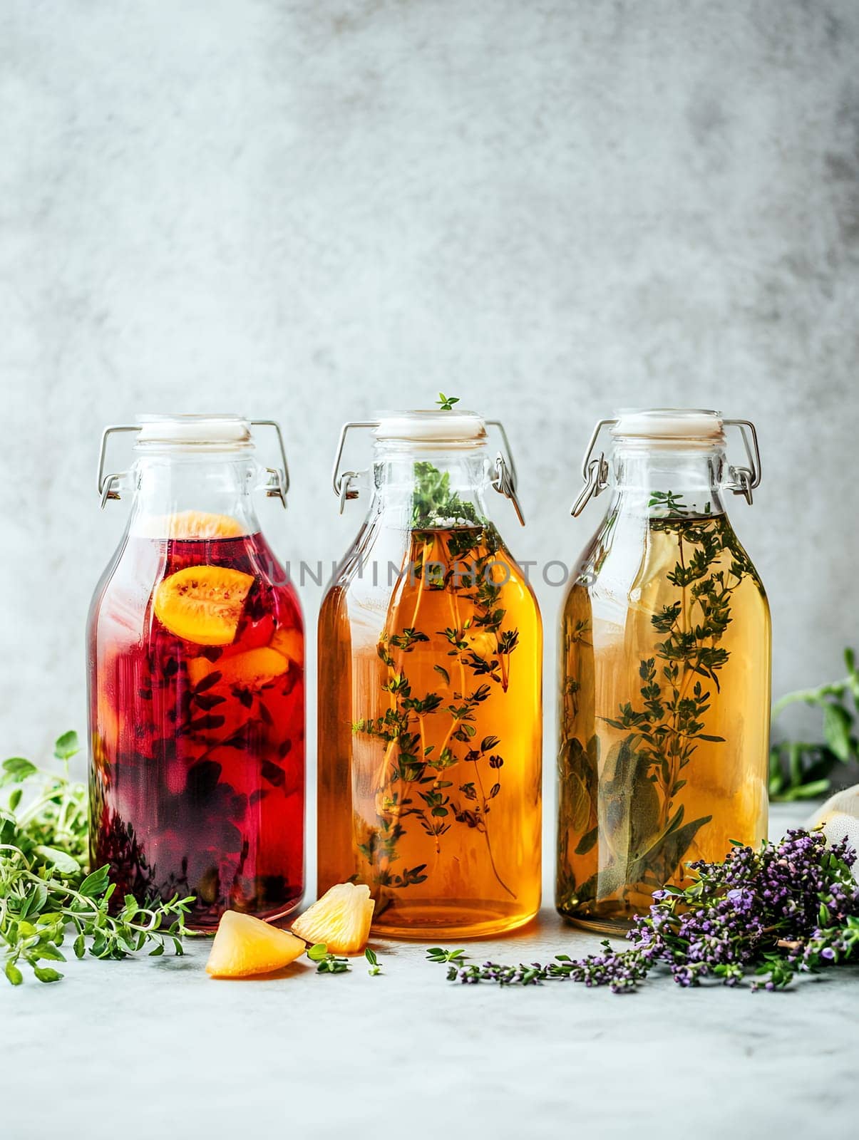 Three bottles of infused herbal drinks with colorful herbs and fruits, showcasing natural flavors and health benefits.