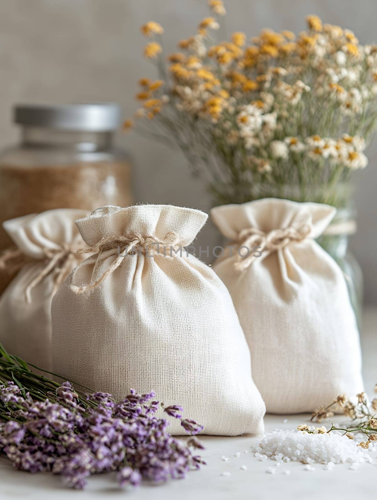 Linen sachets filled with lavender and sea salt, surrounded by dried flowers, perfect for natural home fragrance.