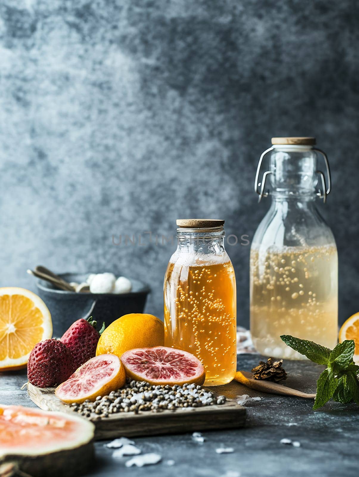 Bottles of fizzy citrus and berry drinks with fresh fruit slices on a textured background.