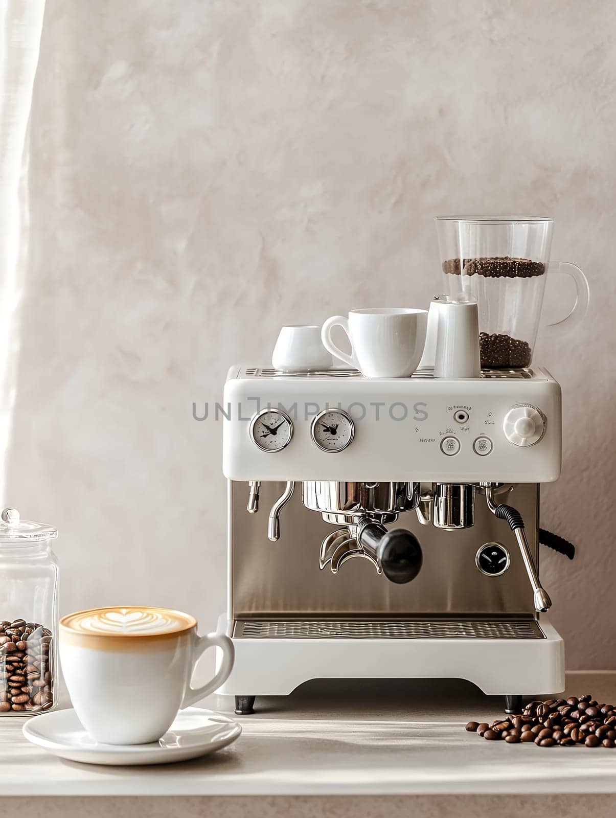Sleek espresso machine with coffee cups and beans, perfect for a cozy morning brew.