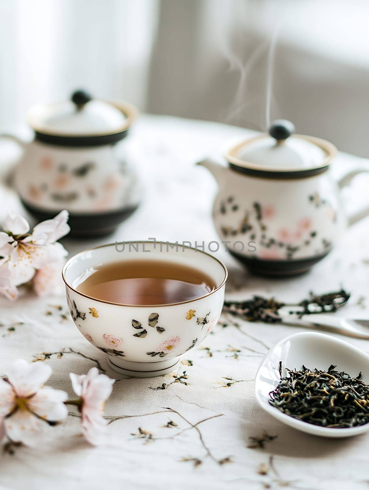 Charming tea set with floral patterns, steaming tea, and cherry blossoms for a serene tea time.