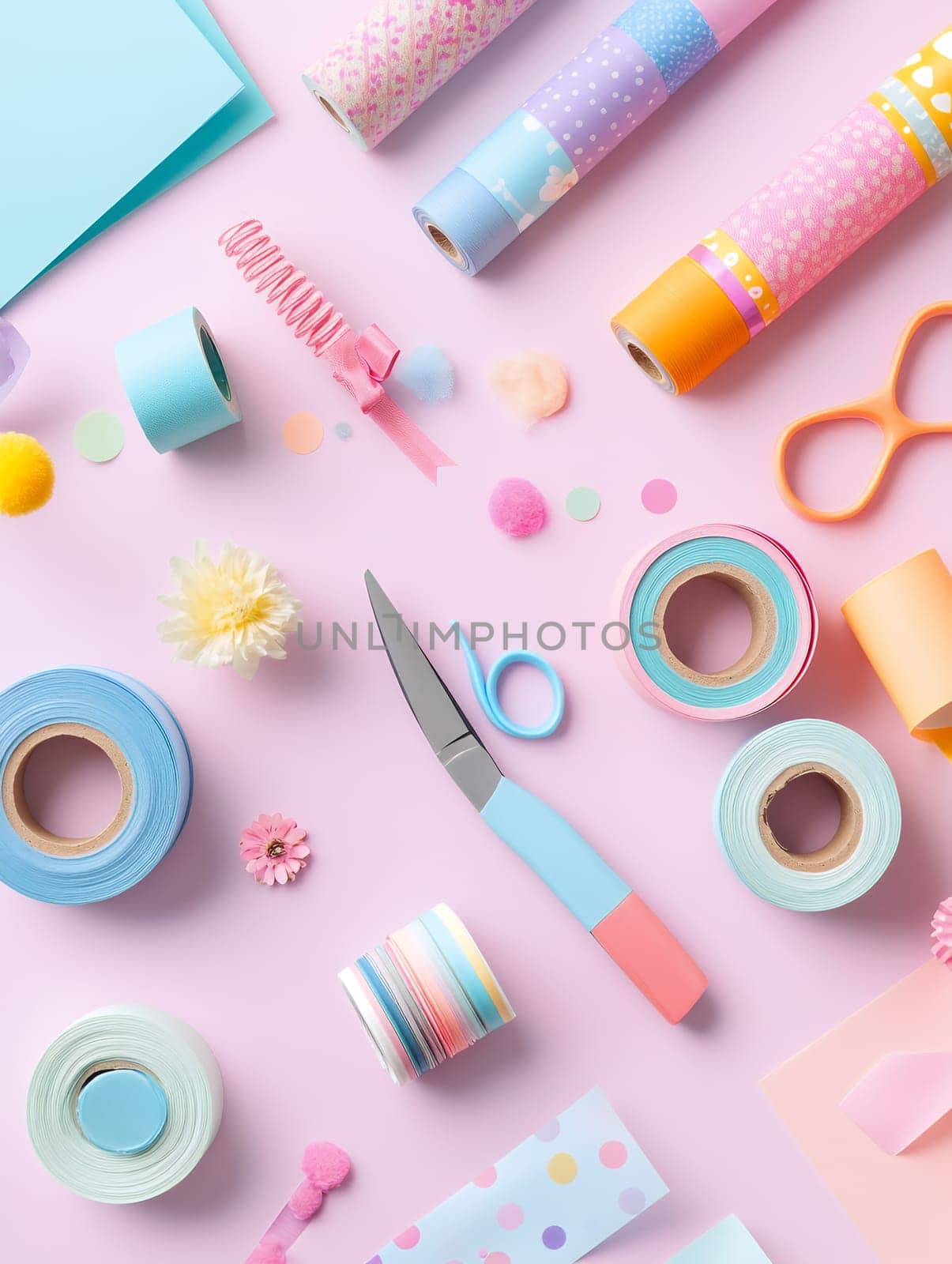 Assorted crafting supplies including paper, tapes, and scissors on a pastel background, perfect for creative projects.
