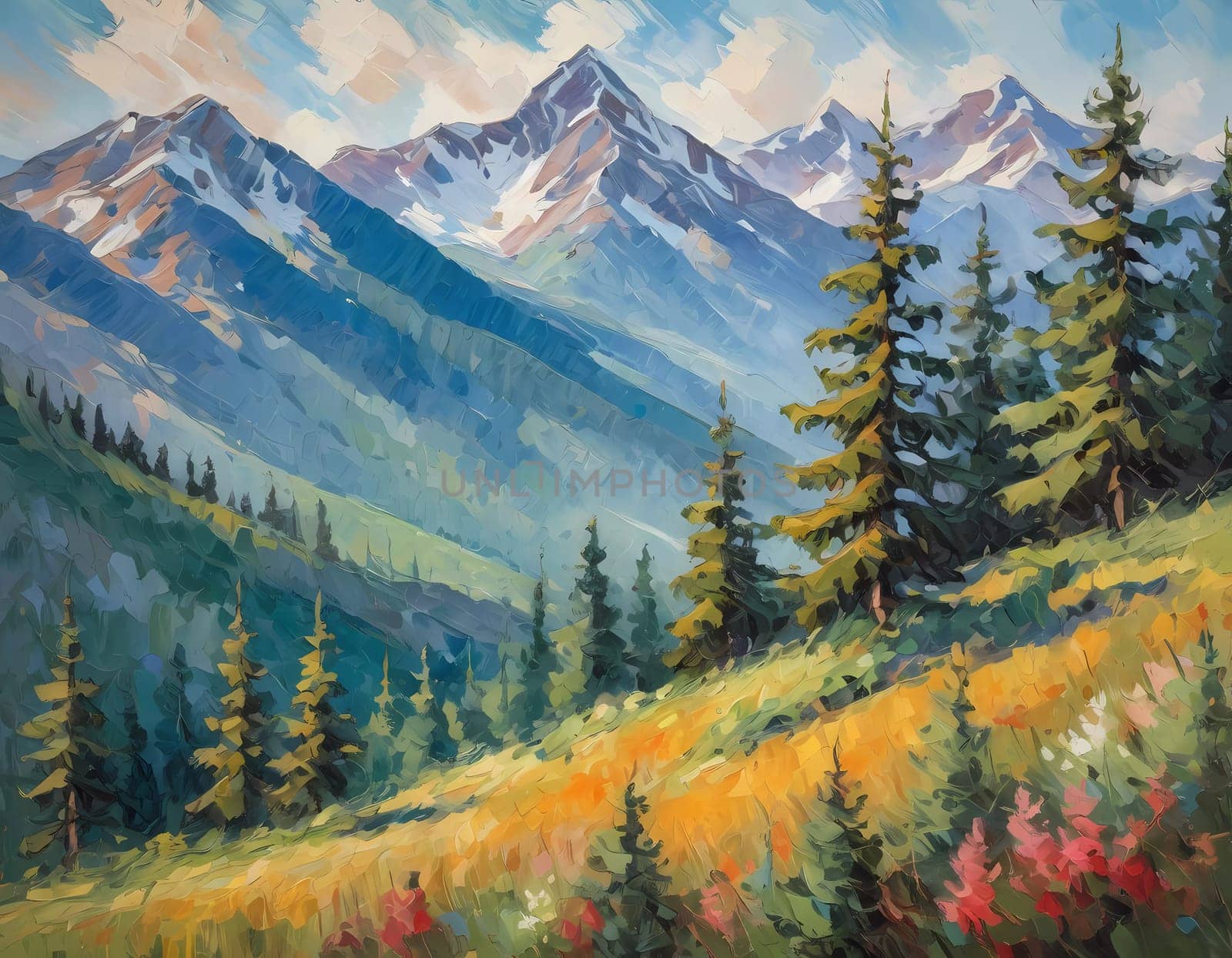 A breathtaking view of towering fir trees stands tall beside a tranquil lake, framed by majestic mountains under a clear blue sky, embodying the beauty of nature. Art illustration. Generative AI.