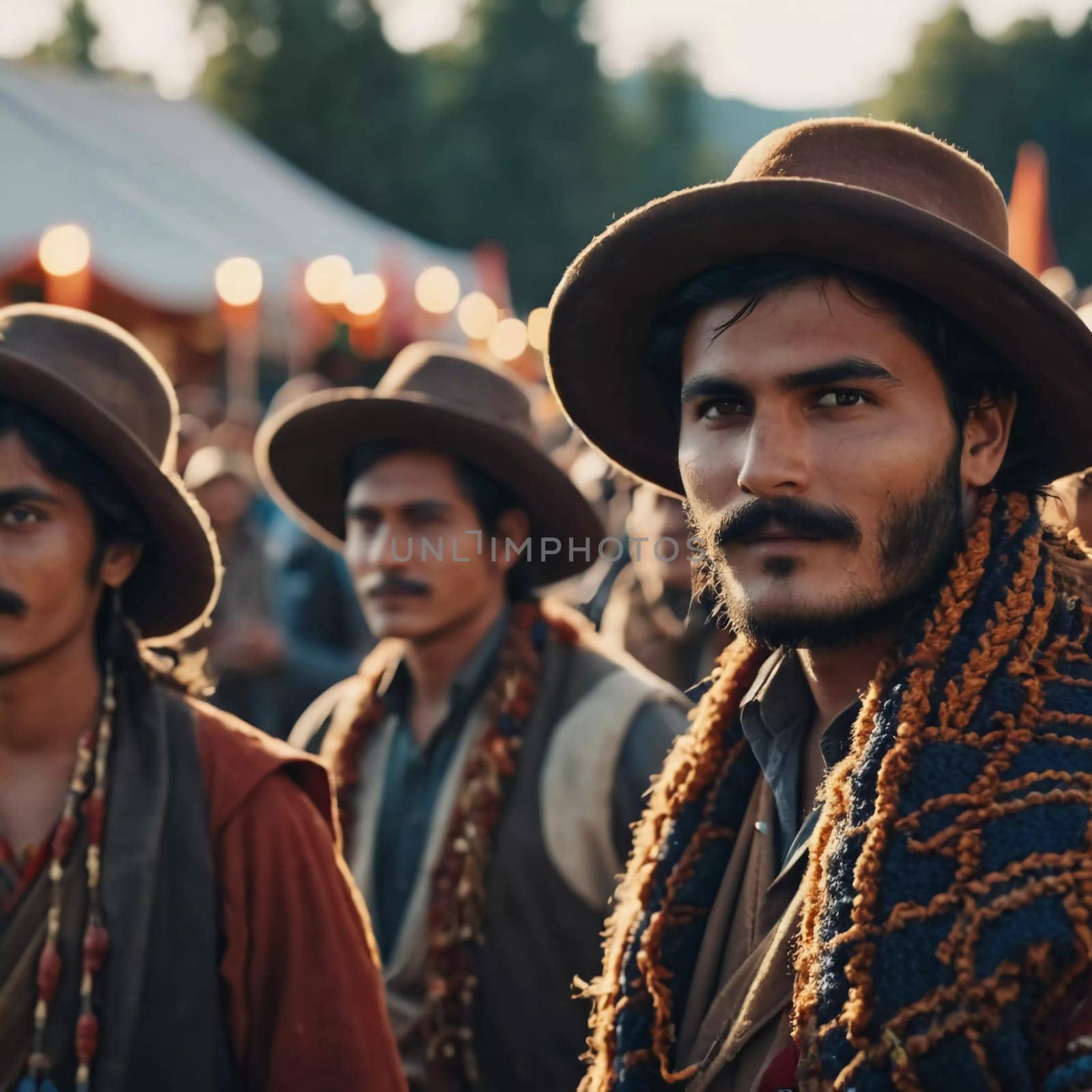 A group of men dressed in traditional clothing stand together during an outdoor festival. Generative AI.