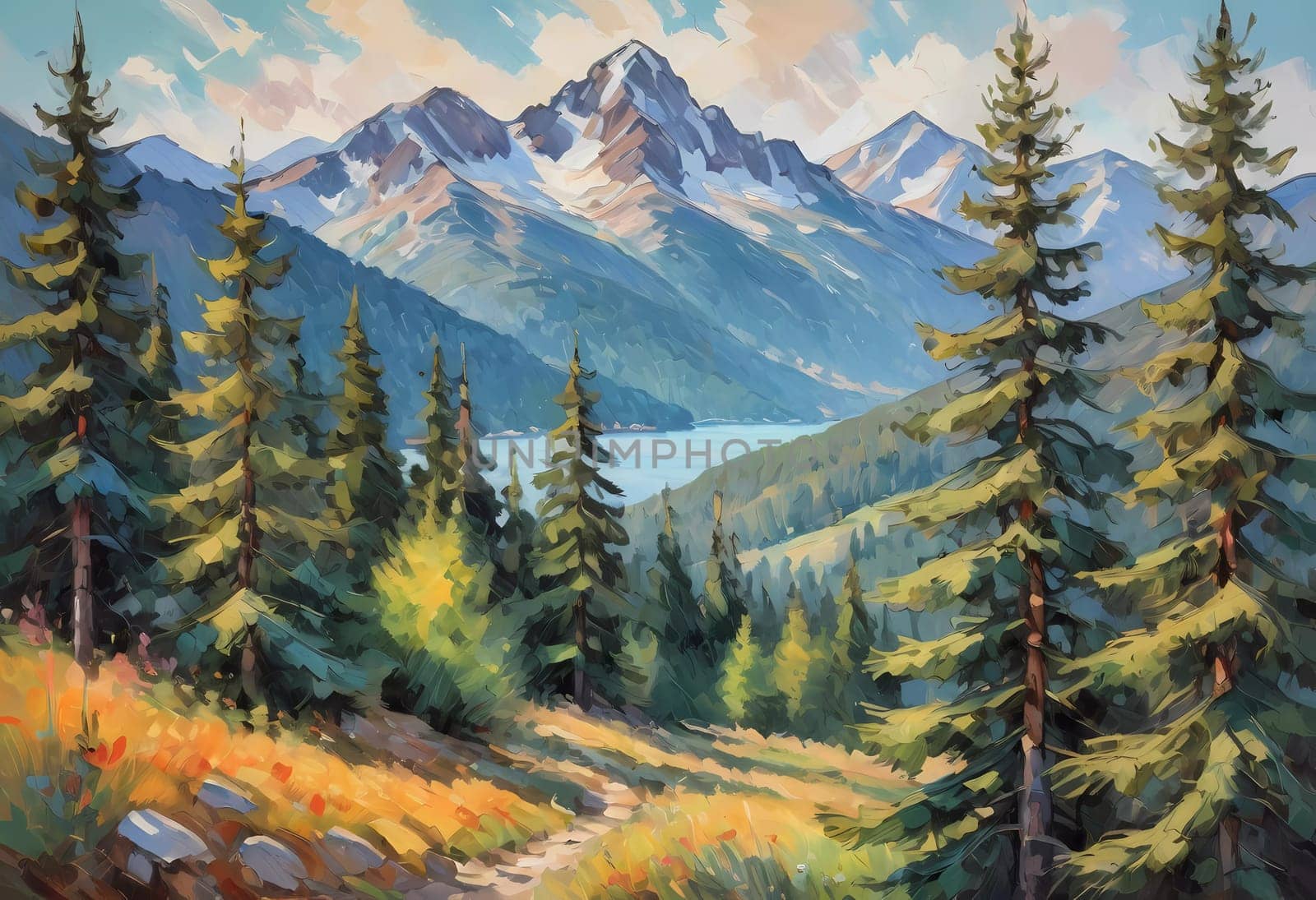 A breathtaking view of towering fir trees stands tall beside a tranquil lake, framed by majestic mountains under a clear blue sky, embodying the beauty of nature. Art illustration. Generative AI.