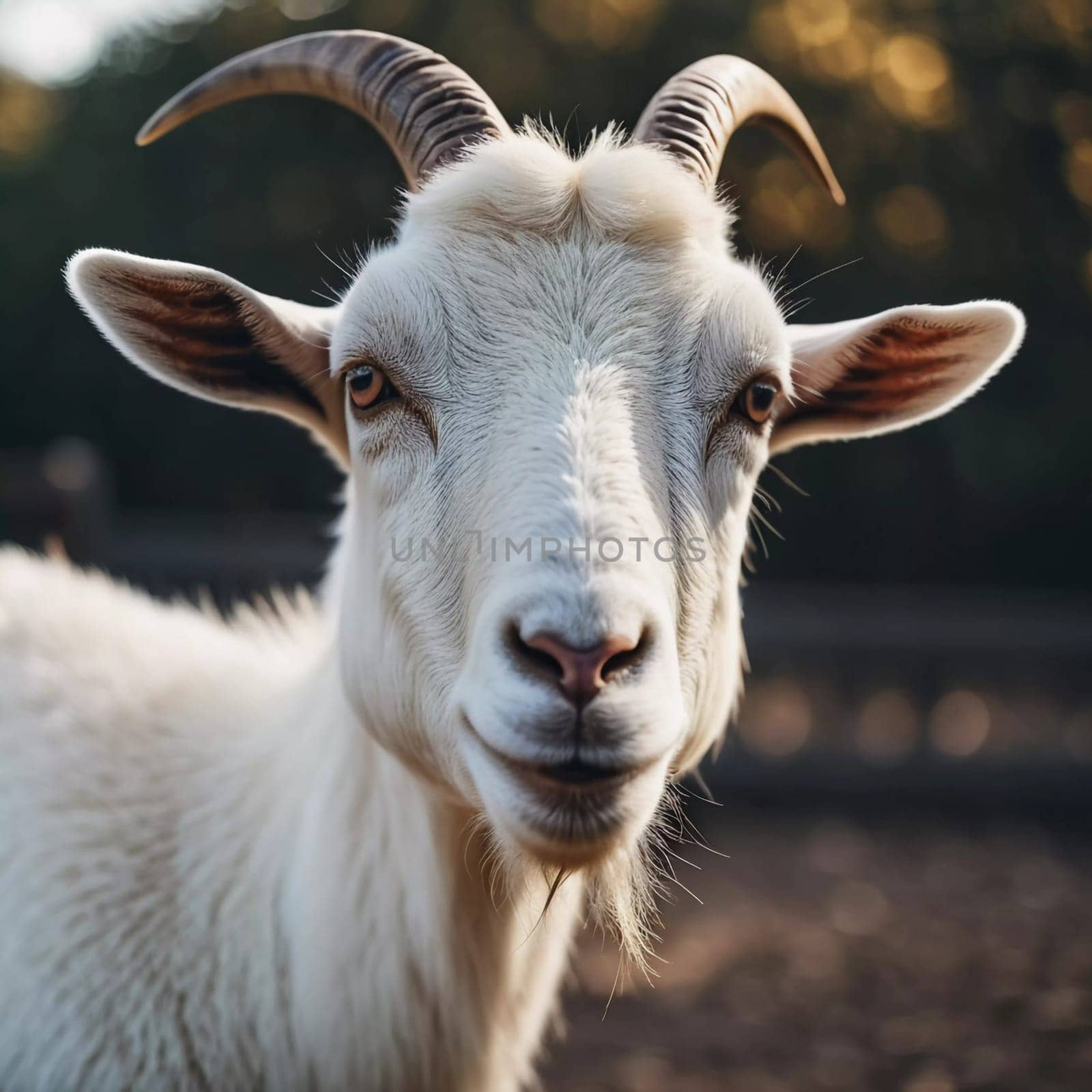 The white goat with distinct horns gazes intently, showcasing its expressive eyes and soft fur against a blurred background during golden hour. Generative AI.