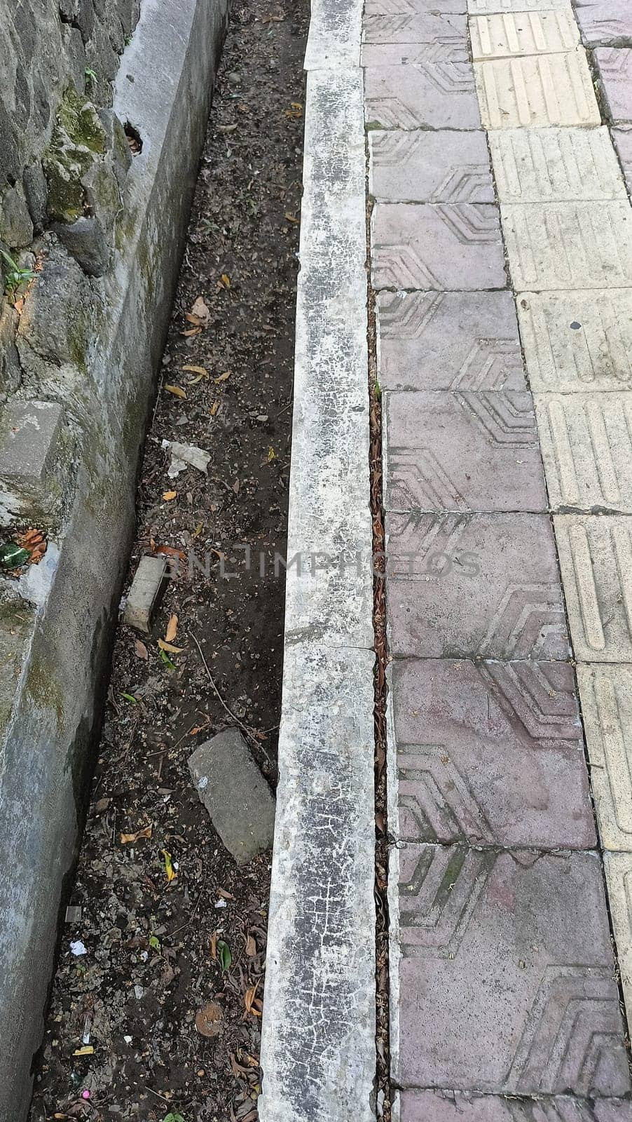 An urban scene showing the contrast between a patterned sidewalk and a dirt pathway. The textured surfaces highlight urban decay and natural elements coexisting in a city environment.