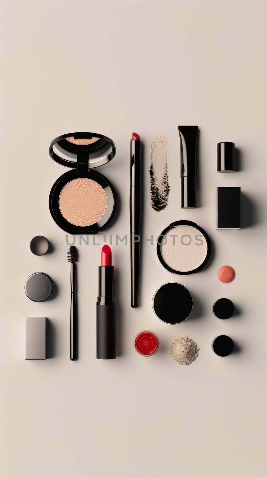 Sleek and sophisticated arrangement of makeup essentials in a minimalist flat lay format.