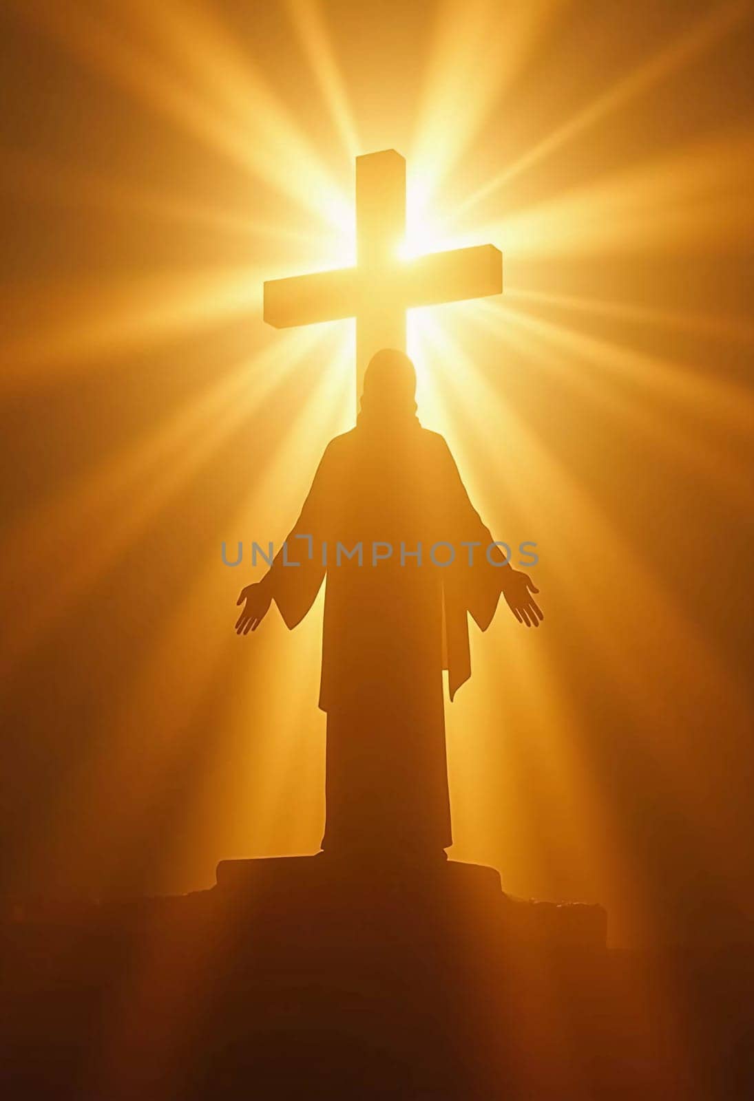 A figure representing Christ stands on a rocky elevation, arms outstretched towards the heavens, illuminated by a brilliant beam of light, symbolizing resurrection and divinity. Generative AI.
