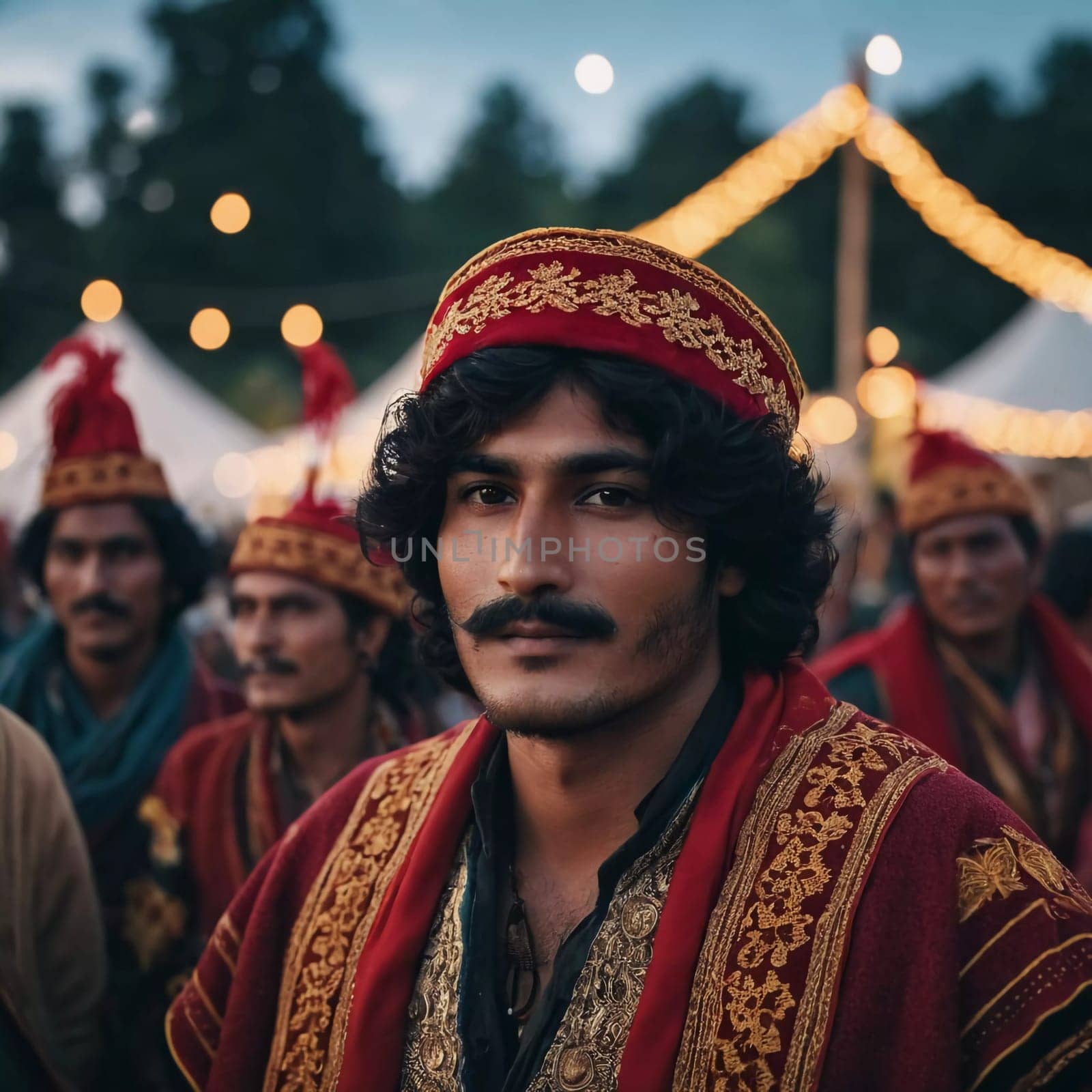 In a vibrant gathering, a young man dressed in rich traditional clothing showcases his cultural heritage. Others surround him, illuminated by festive lights in the evening atmosphere. Generative AI.