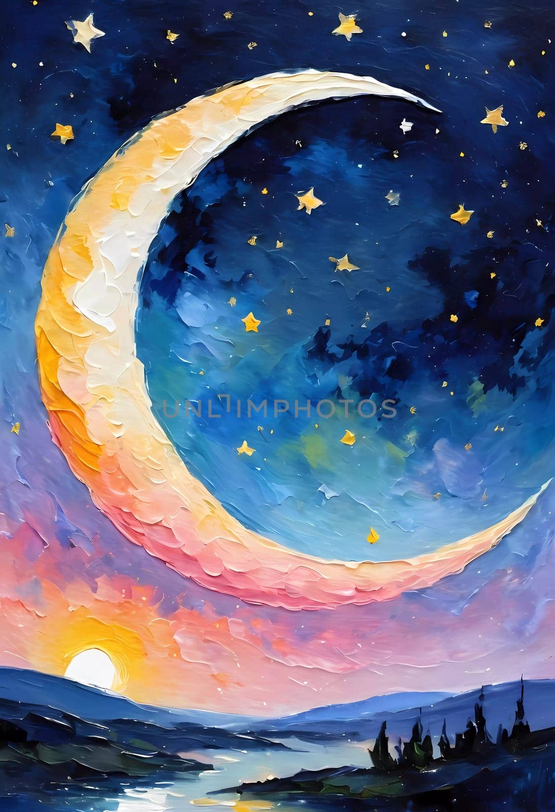 A breathtaking crescent moon glows brightly over a serene lake, surrounded by trees and a sky painted in hues of pink and purple, creating a peaceful twilight ambiance. Generative AI.