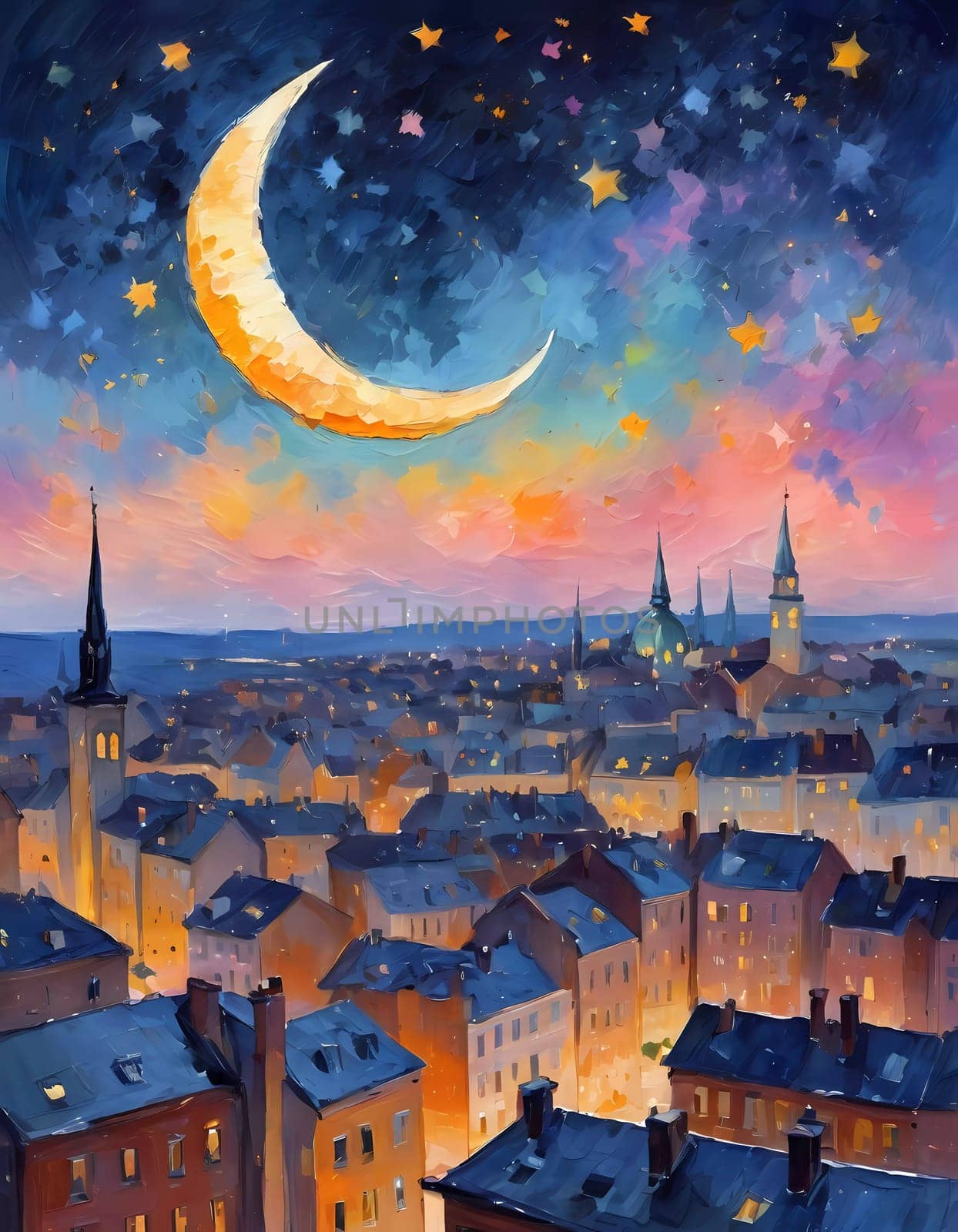 Golden lights twinkle from rooftops as a crescent moon and scattered stars brighten the serene night sky over a beautiful cityscape. Generative AI.