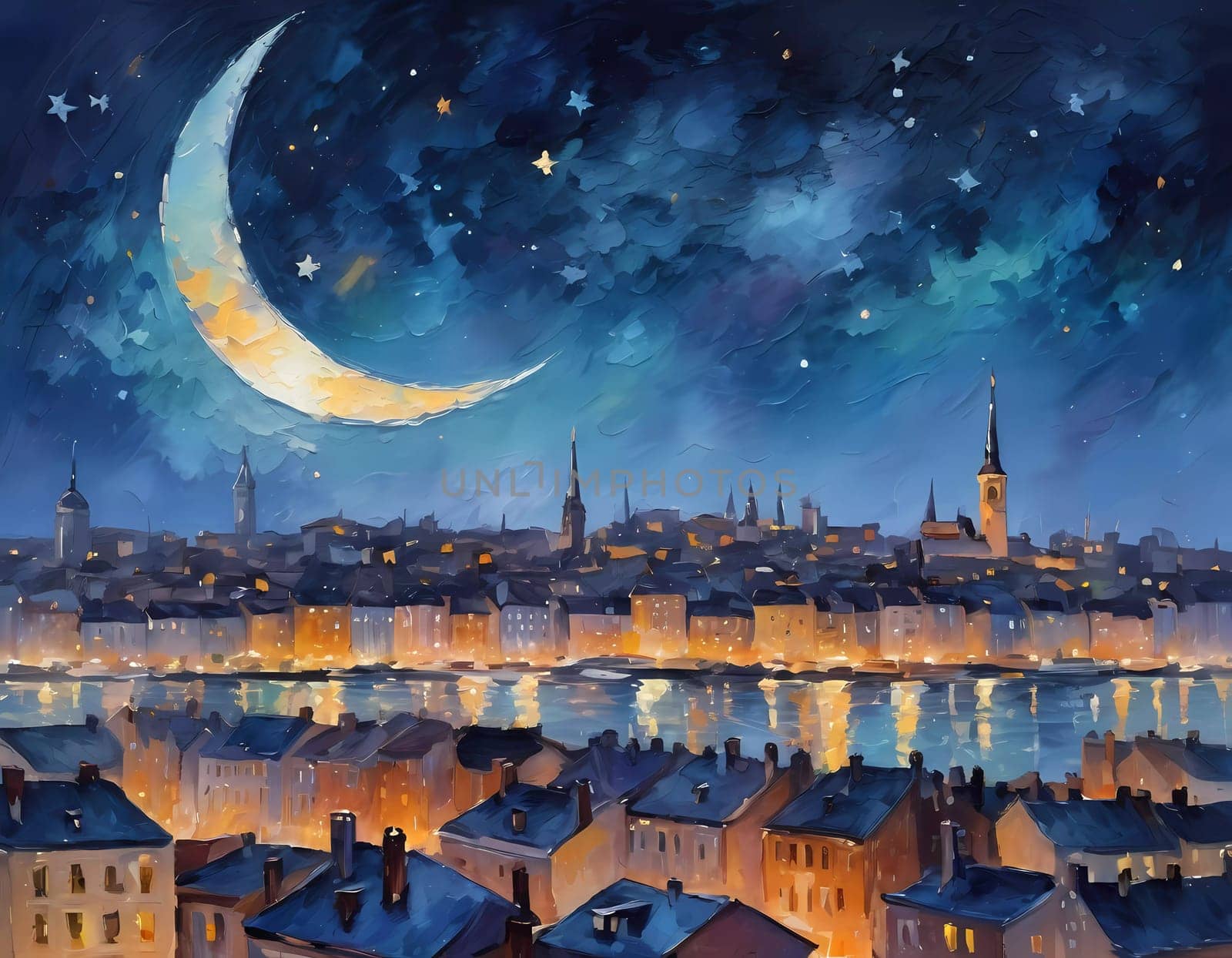 Golden lights twinkle from rooftops as a crescent moon and scattered stars brighten the serene night sky over a beautiful cityscape. Generative AI.