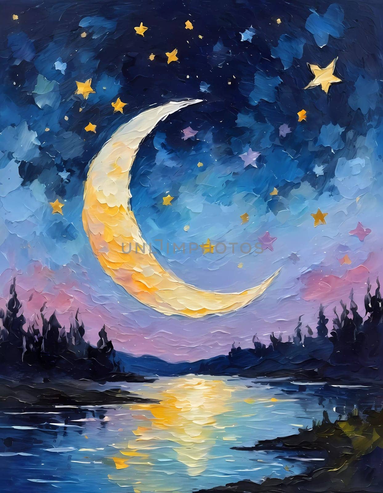 A breathtaking crescent moon glows brightly over a serene lake, surrounded by trees and a sky painted in hues of pink and purple, creating a peaceful twilight ambiance. Generative AI.