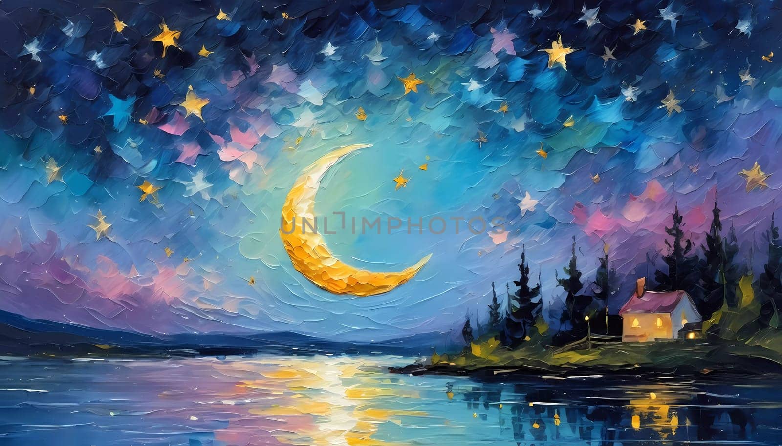 A breathtaking crescent moon glows brightly over a serene lake, surrounded by trees and a sky painted in hues of pink and purple, creating a peaceful twilight ambiance. Generative AI.