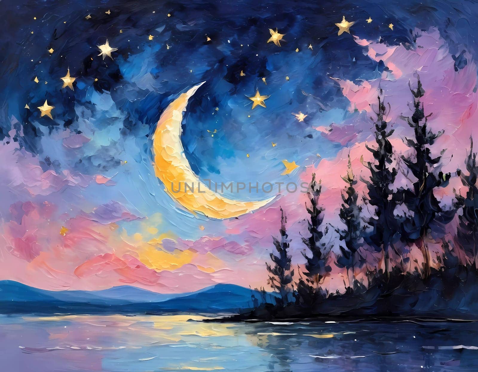 A breathtaking crescent moon glows brightly over a serene lake, surrounded by trees and a sky painted in hues of pink and purple, creating a peaceful twilight ambiance. Generative AI.