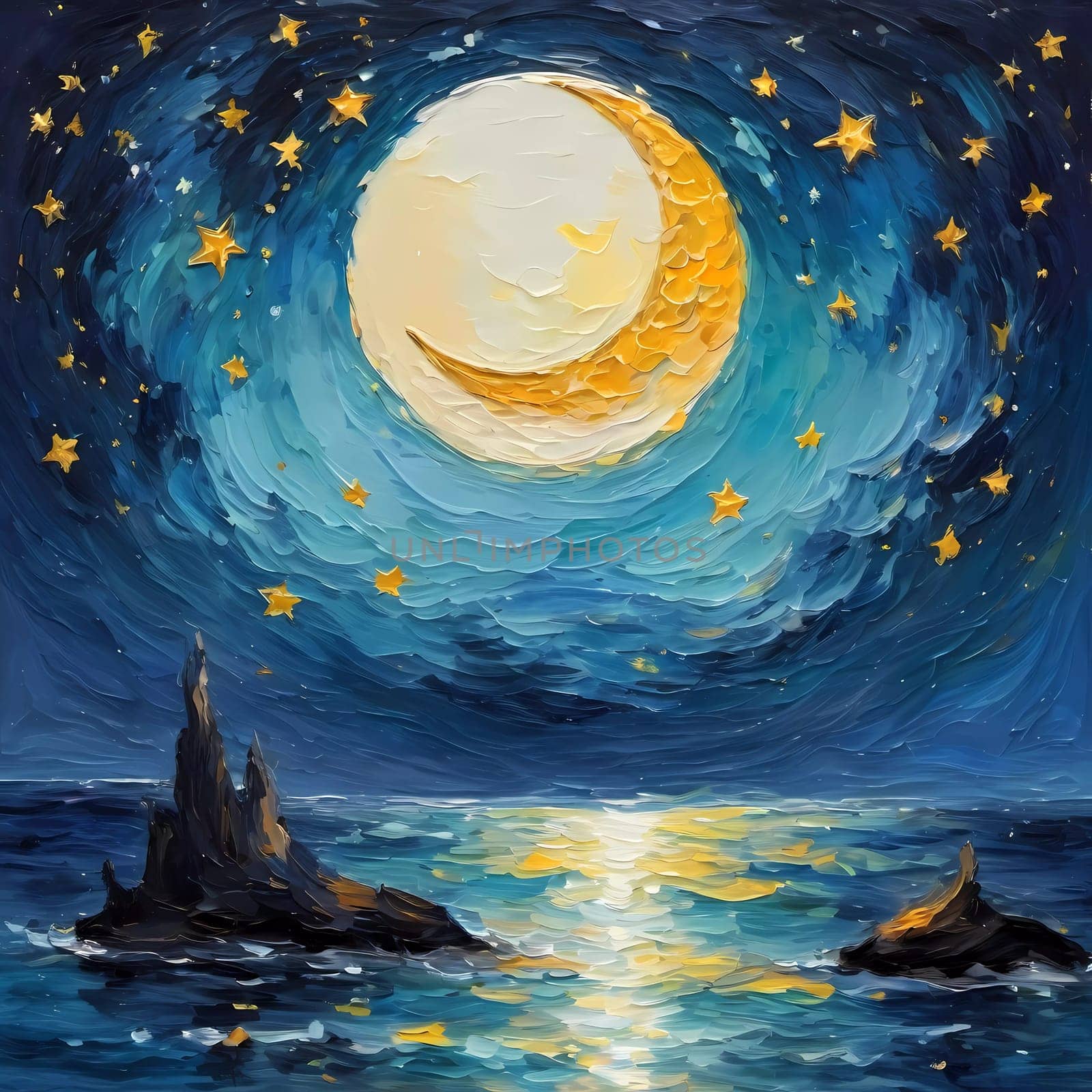 A breathtaking crescent moon glows brightly over a serene lake, surrounded by trees and a sky painted in hues of pink and purple, creating a peaceful twilight ambiance. Generative AI.