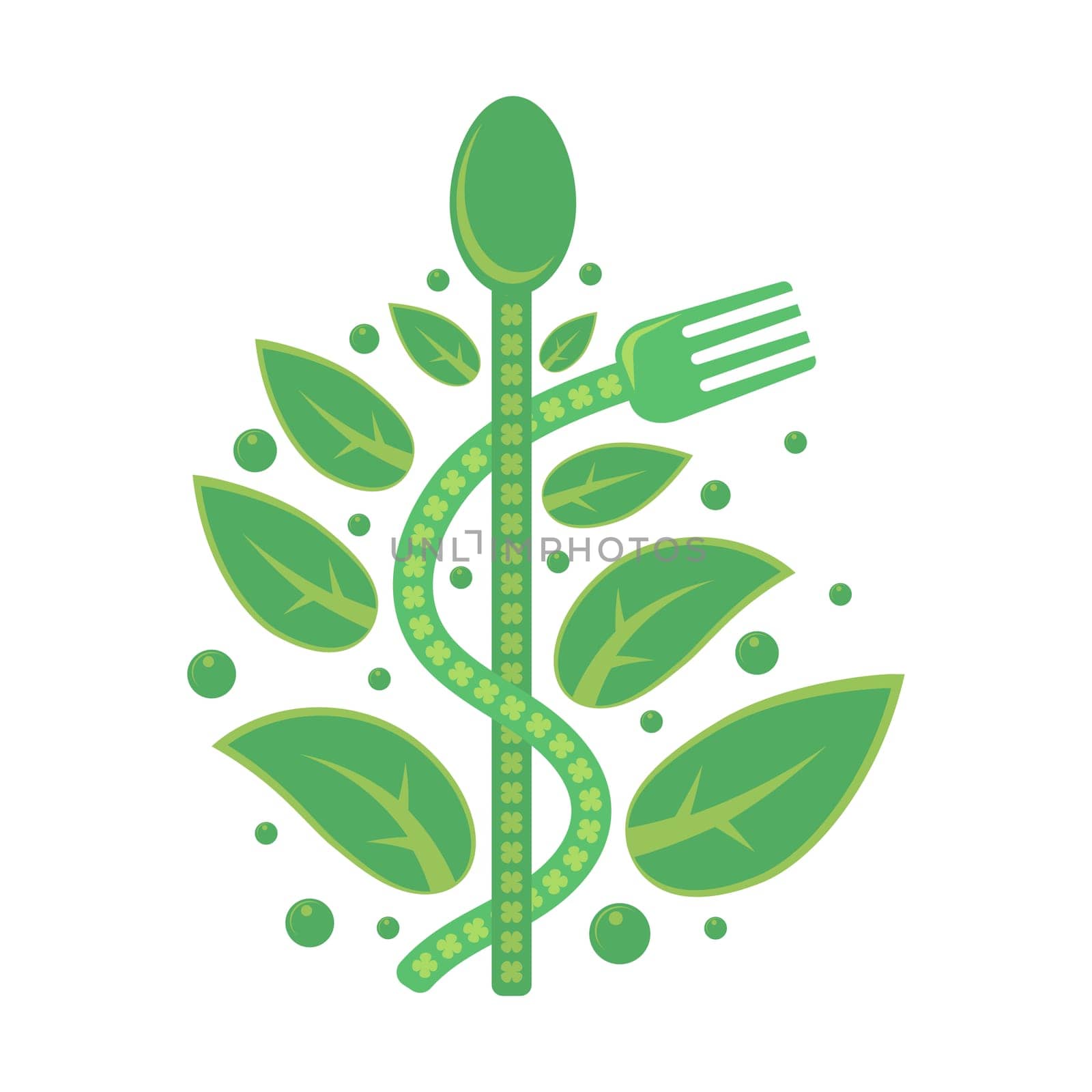 Vector healthy food icon with spoon, fork and green leaves isolated on white background.