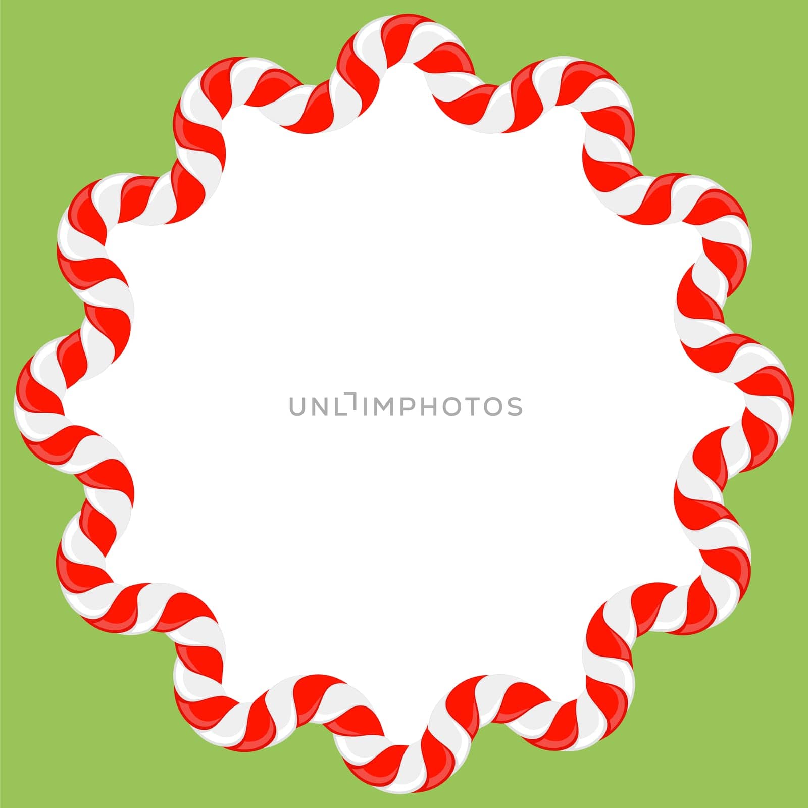 Vector Christmas candy cane frame with red and white stripes on green background. Xmas border.