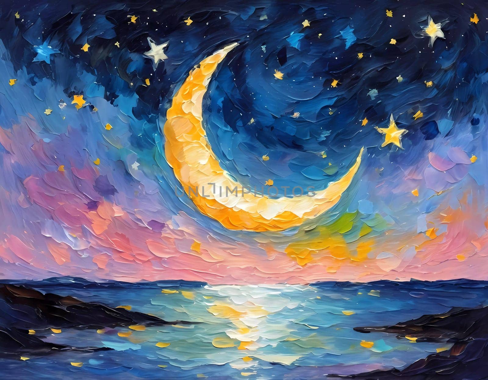 A breathtaking crescent moon glows brightly over a serene lake, surrounded by trees and a sky painted in hues of pink and purple, creating a peaceful twilight ambiance. Generative AI.