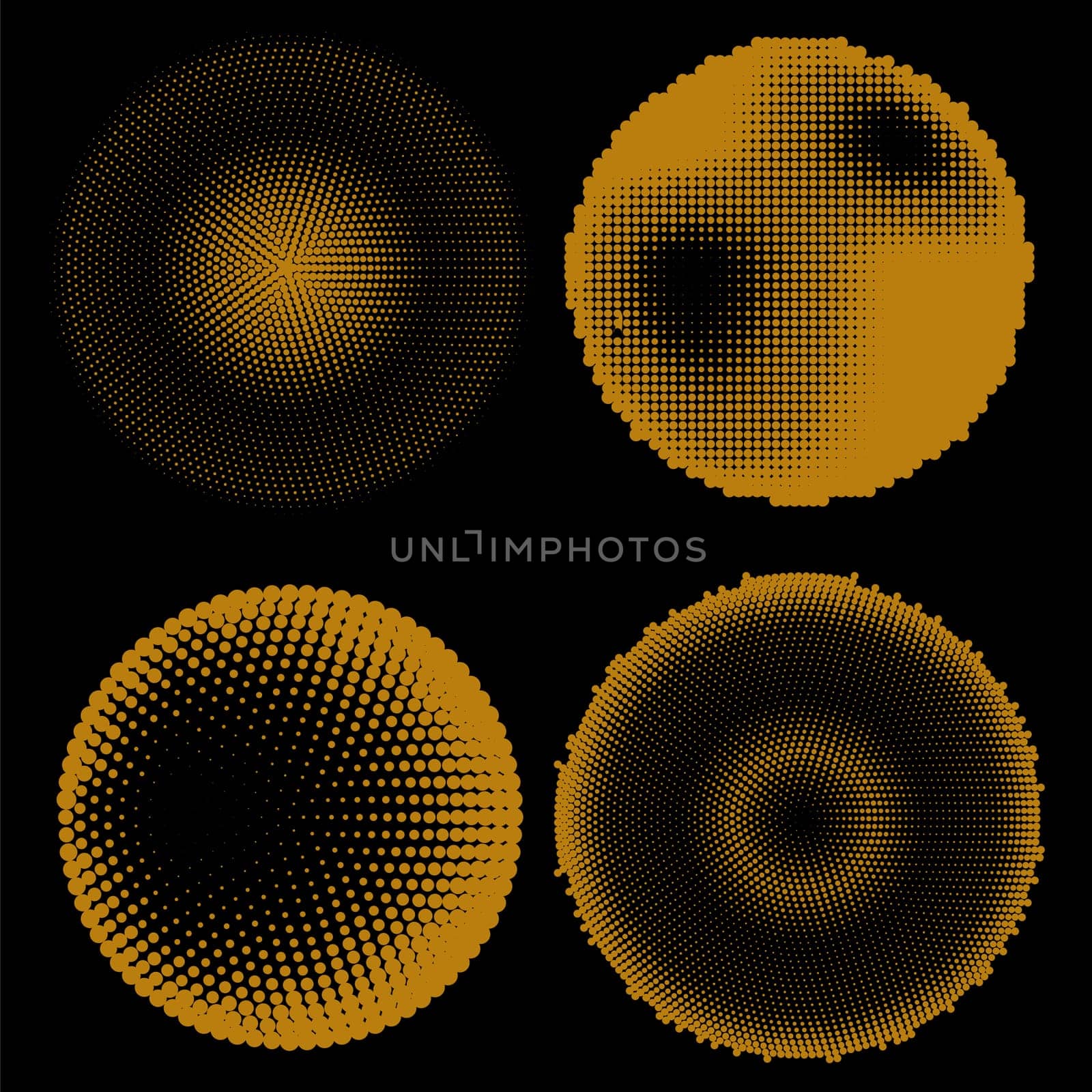 Vector gold halftone circles isolated on black background.