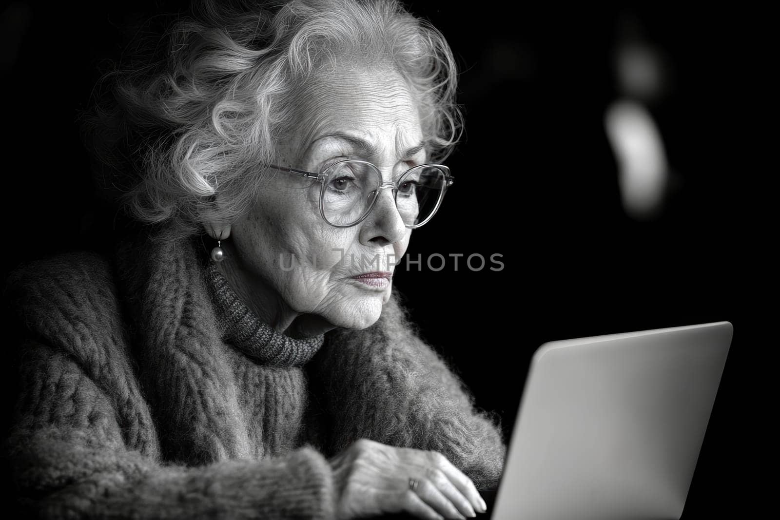 An elderly woman using a laptop computer AI generative.