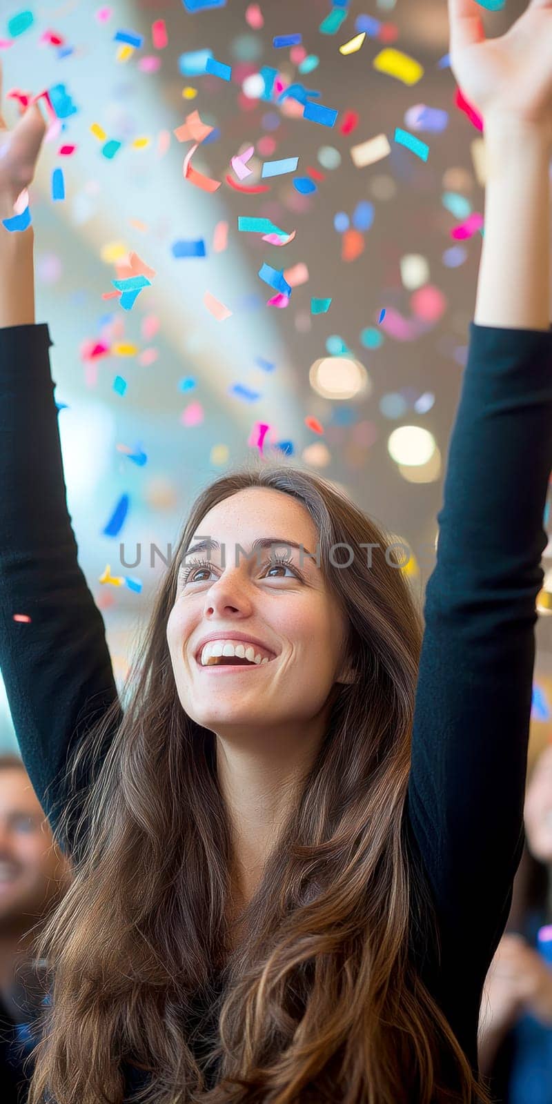 oung woman, celebrating with her arms raised high in the air, surrounded by colorful confetti.  AI generative.