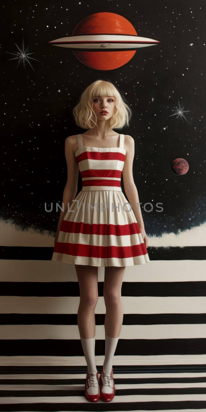 Paint oil colors eye-catching hyper-detailed realism fantastic retro-futuristic portrait of straight short cut and bangs magenta hair slight sulky young albino woman 70's glamorous clothing on background dressed, portrait of famous people Dakota Fanning, the woman is standing in the middle of a striped black and electric cobalt grass field michael sewa edward hopper style, fuchsia moon, ufo disk flying in the starry black night sky, Bo Bartlett, Tom Bagshaw --chaos 30 --ar 1:2 --style raw --stylize 300 --v 6.1 Job ID: 14f80af3-619e-46f5-9558-361caf264ebd