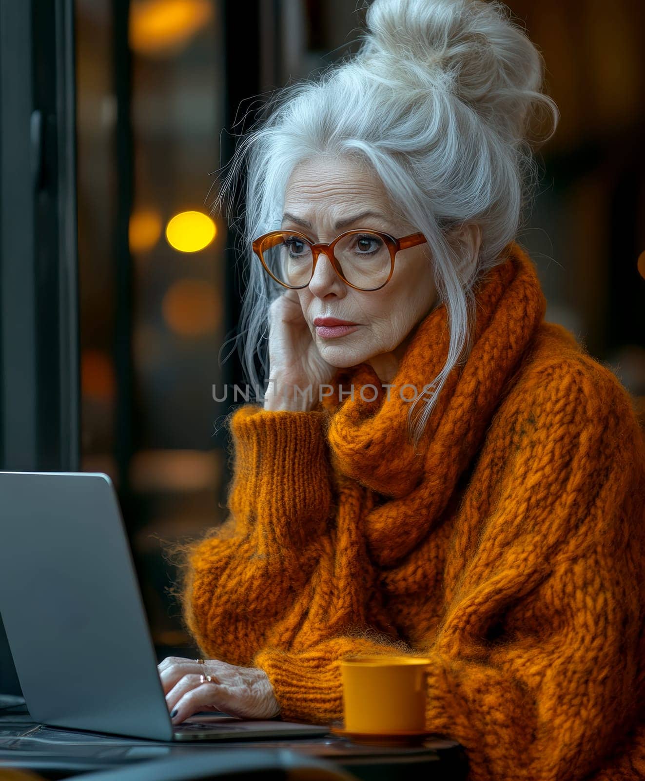 An elderly woman using a laptop computer AI generative.