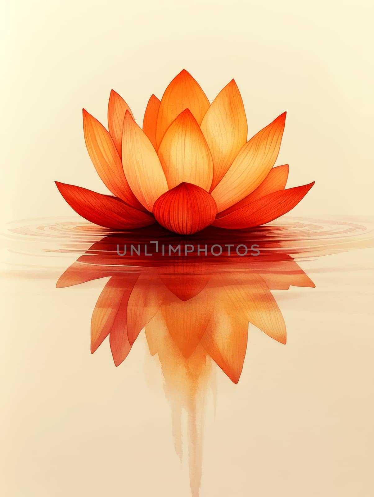 Lotus leaf, water reflection, perspective aesthetics, soft gradient colors, red and yellow, minimalist image from ancient China. AI generative.