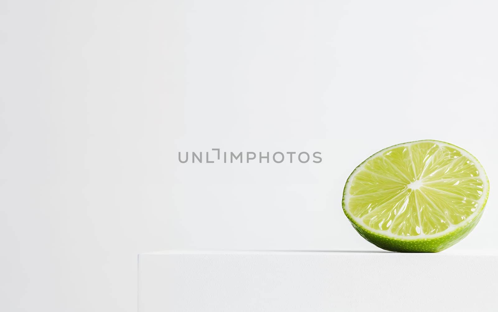 A half lime on a white pedestal with ample copy space, perfect for creative designs and text.