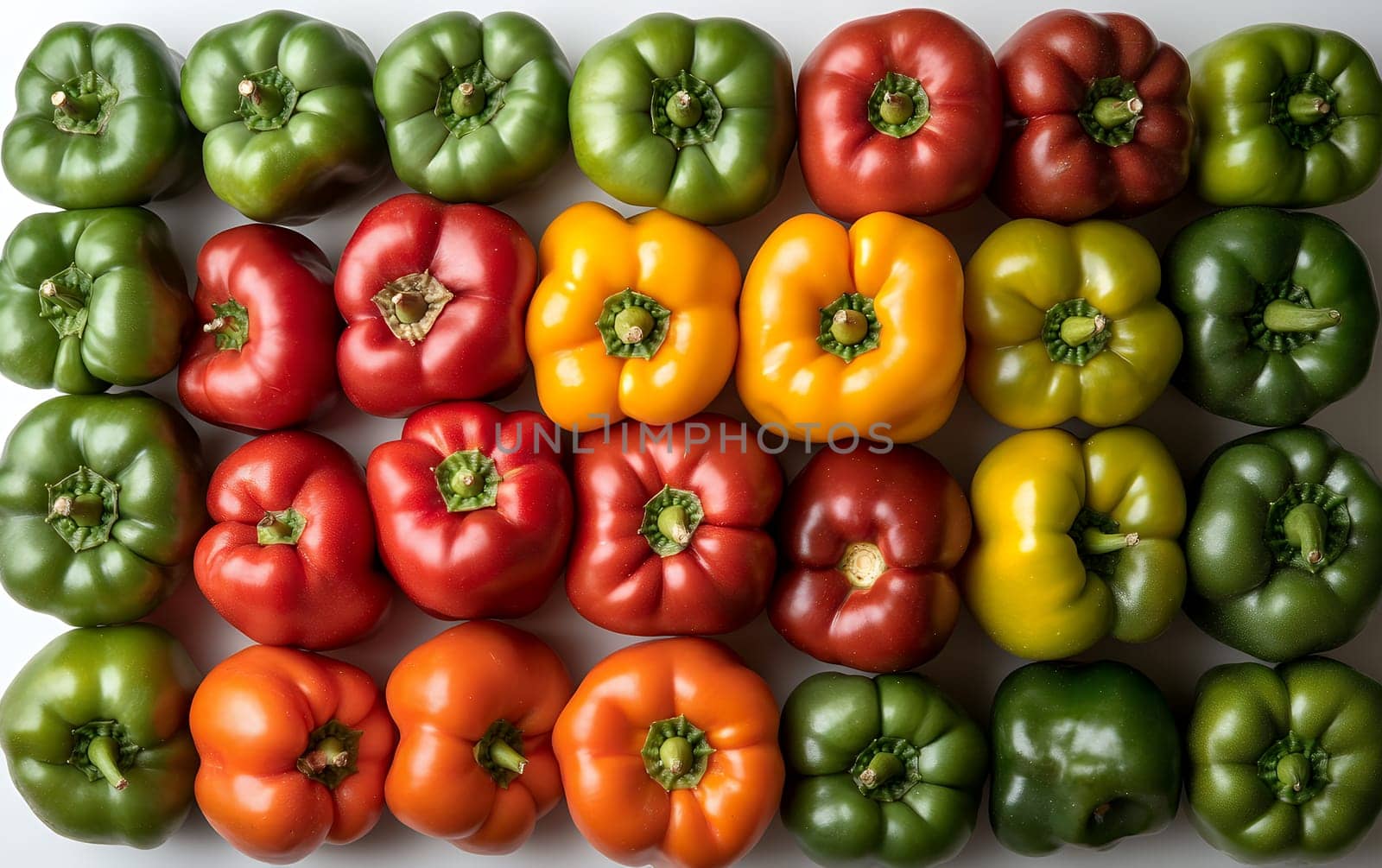 A vibrant array of bell peppers in green, red, yellow, and orange, neatly arranged.