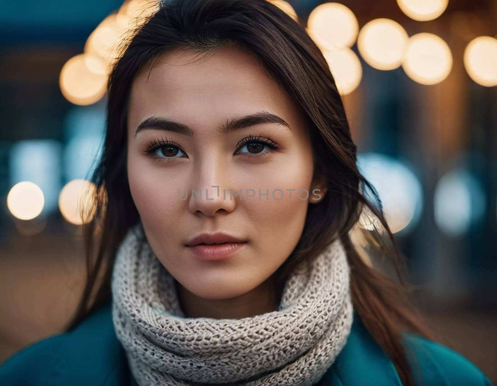 A young woman 25 years old urban setting, with warm, glowing light in the background highlighting her features as the sun sets. Fashionable serious brunette. A resident of Kazakhstan. AI generated