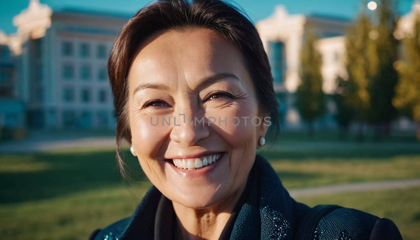 A cheerful woman 50 years old is enjoying a sunny afternoon in a park, showcasing her radiant smile and elegant pearl earrings as she embraces the moment. A resident of Kazakhstan. AI generated