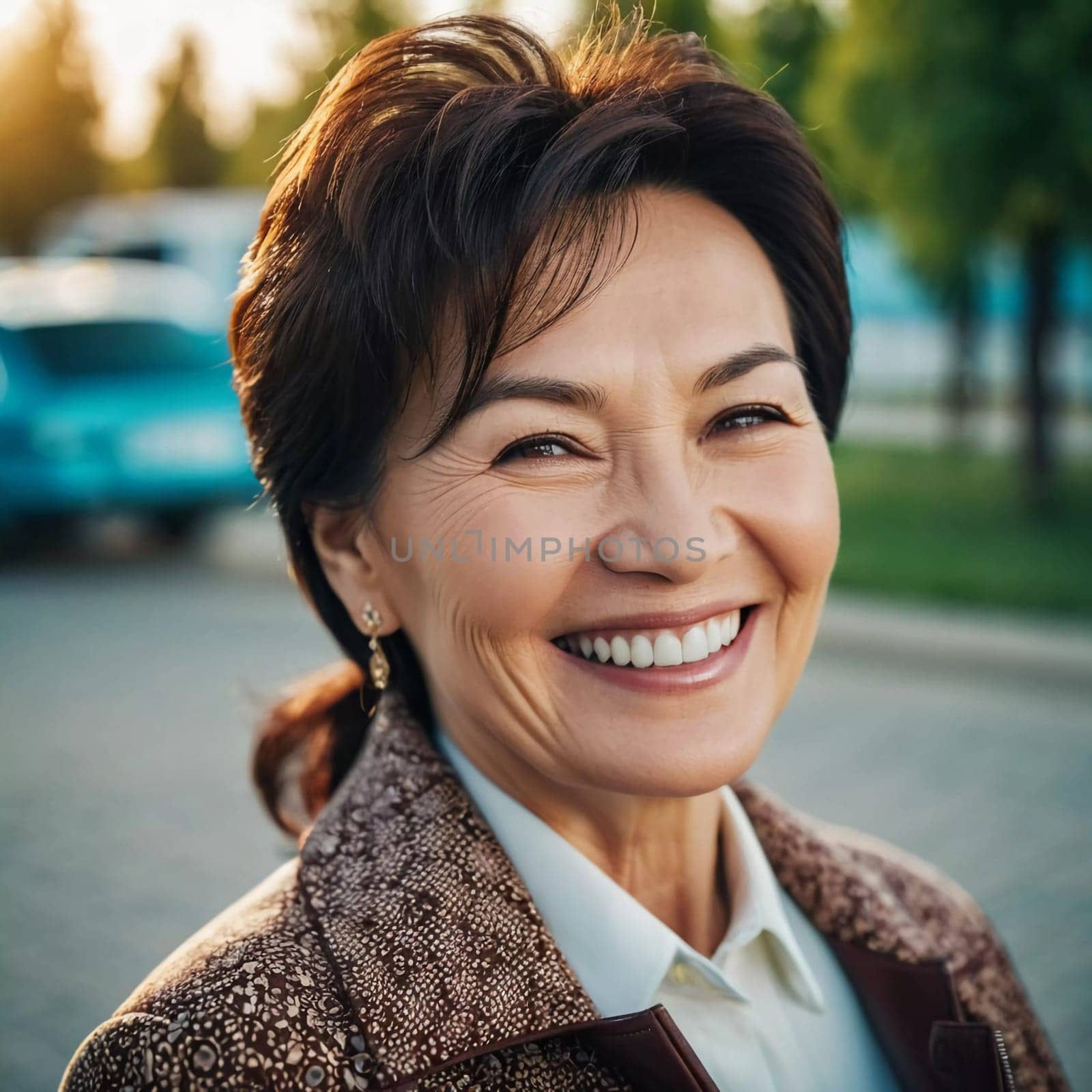 A cheerful woman 50 years old is enjoying a sunny afternoon in a park, showcasing her radiant smile and elegant pearl earrings as she embraces the moment. A resident of Kazakhstan. AI generated