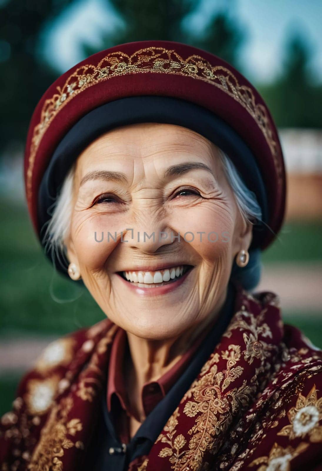 An elderly woman 75 years old beams with joy, showcasing her bright smile and sparkling eyes. The outdoor setting creating a cheerful ambiance as a background. A resident of Kazakhstan. AI generated.