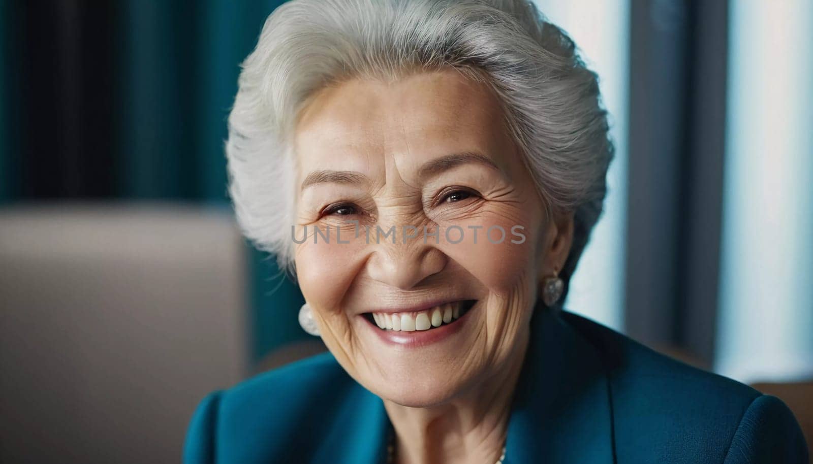 An elderly woman 75 years old beams with joy, showcasing her bright smile and sparkling eyes. The outdoor setting creating a cheerful ambiance as a background. A resident of Kazakhstan. AI generated.