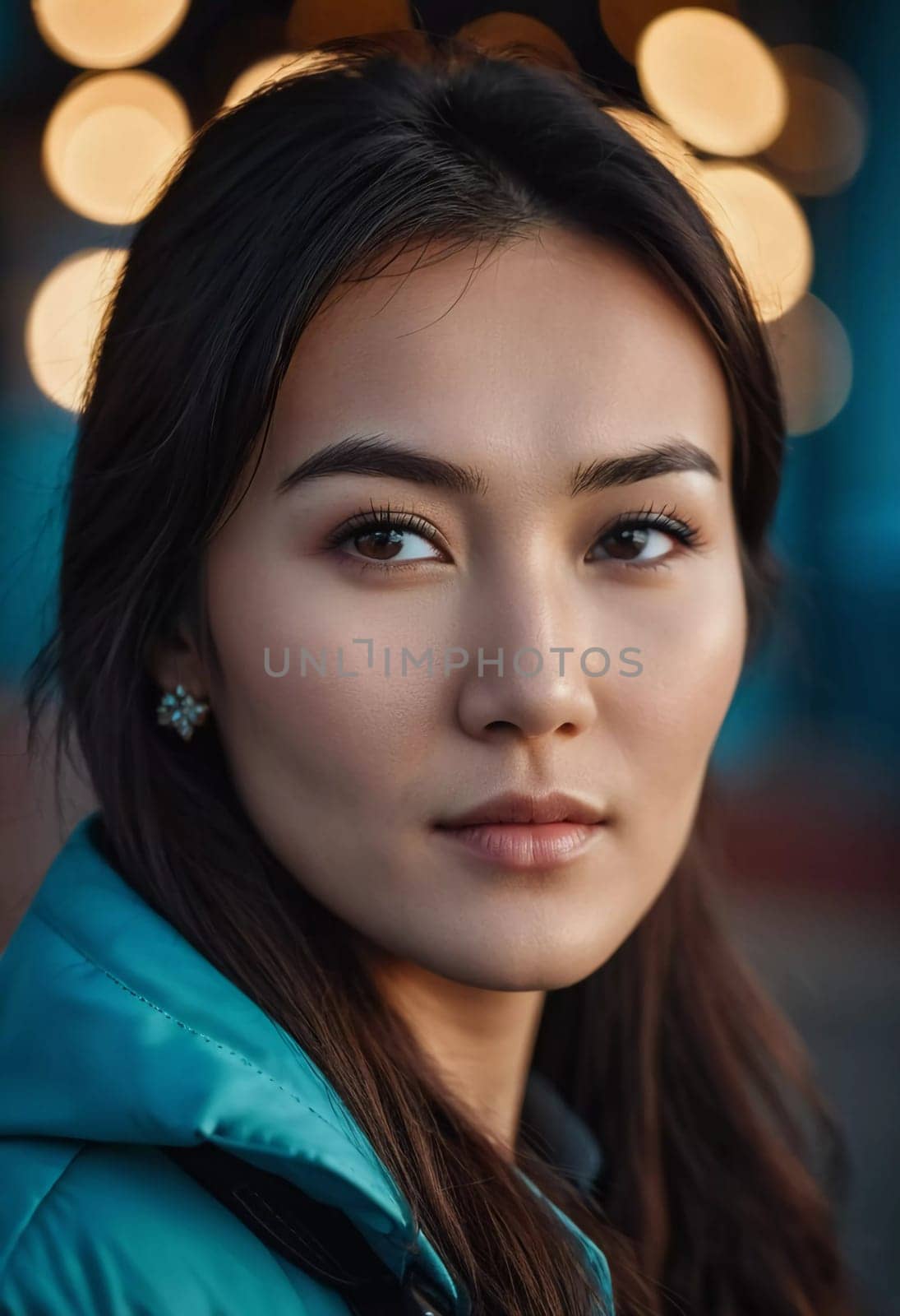A young woman 25 years old urban setting, with warm, glowing light in the background highlighting her features as the sun sets. Fashionable serious brunette. A resident of Kazakhstan. AI generated