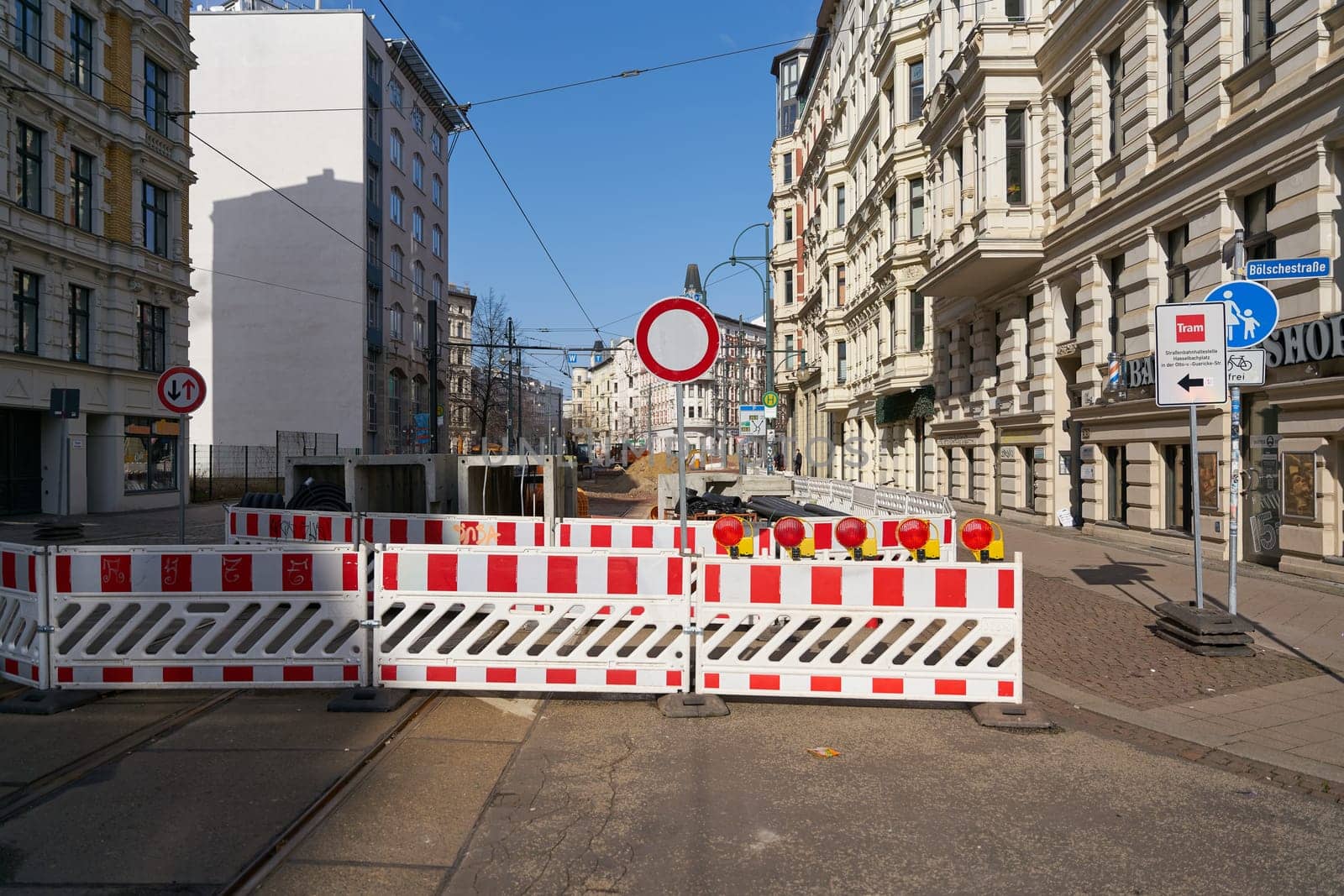 Closure of a road due to the renewal of the streetcar tracks in the city center of Magdeburg in Germany